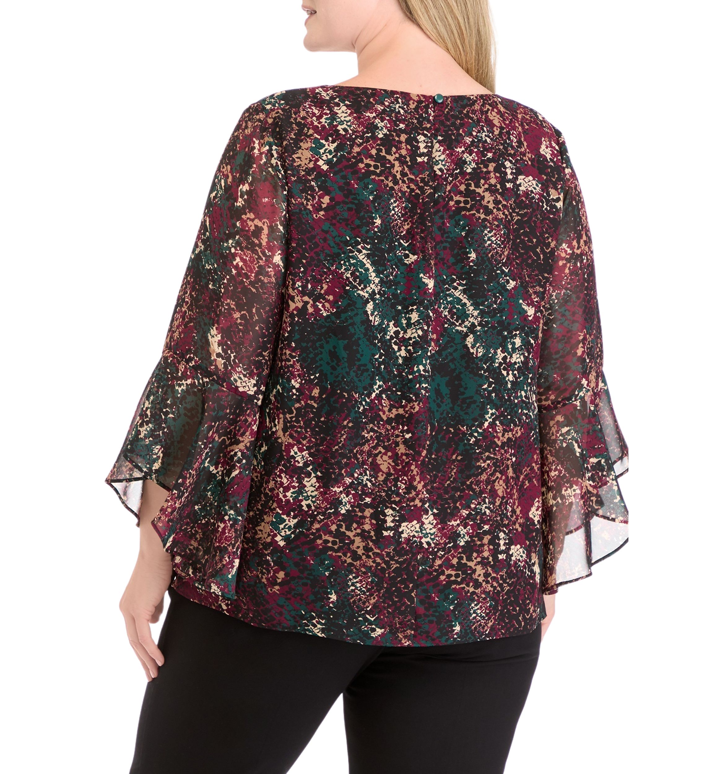 Plus Size Printed Ruffle Bell Sleeve Blouse