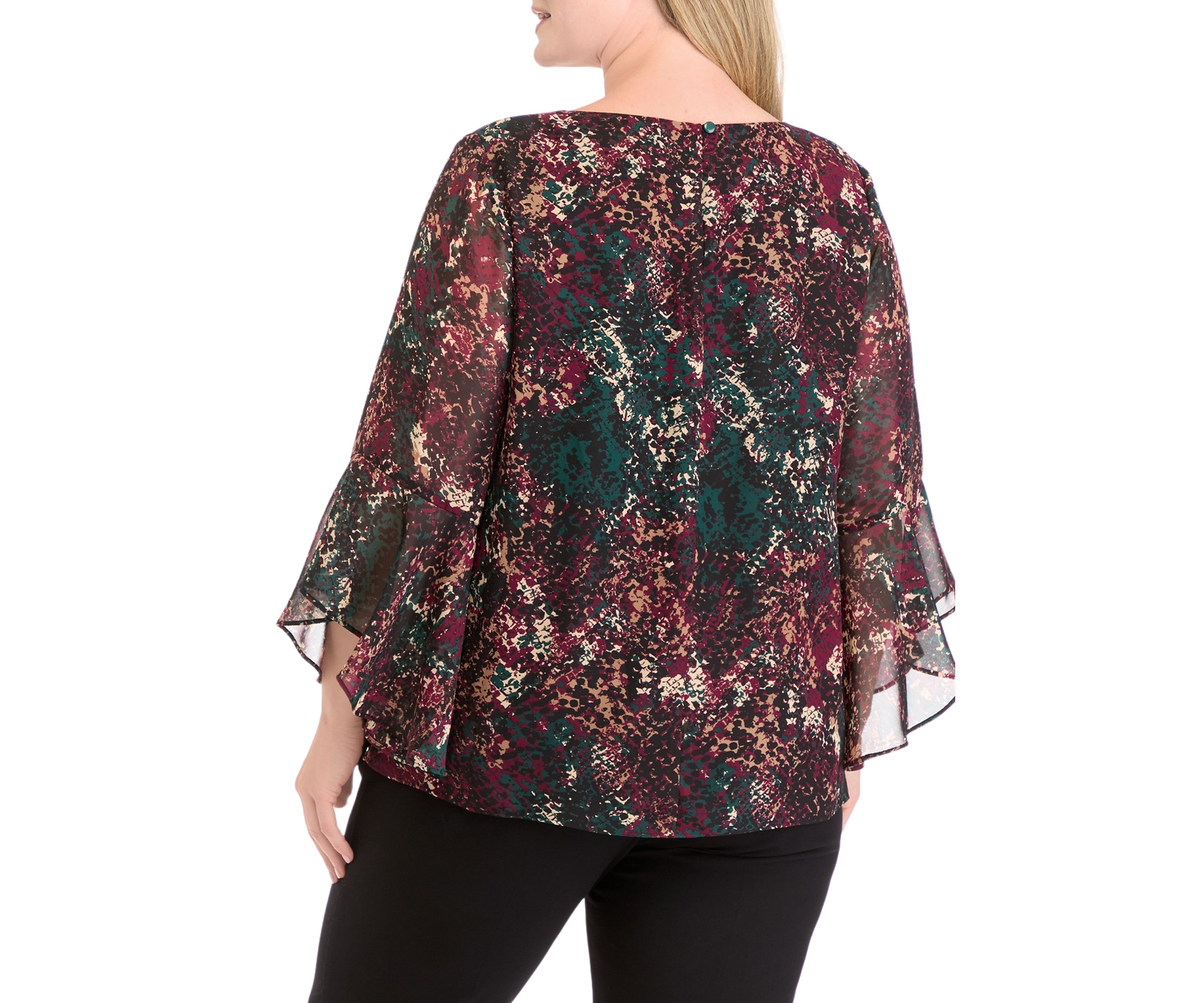 Plus Size Printed Ruffle Bell Sleeve Blouse