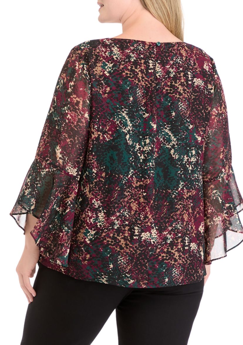 Plus Size Printed Ruffle Bell Sleeve Blouse