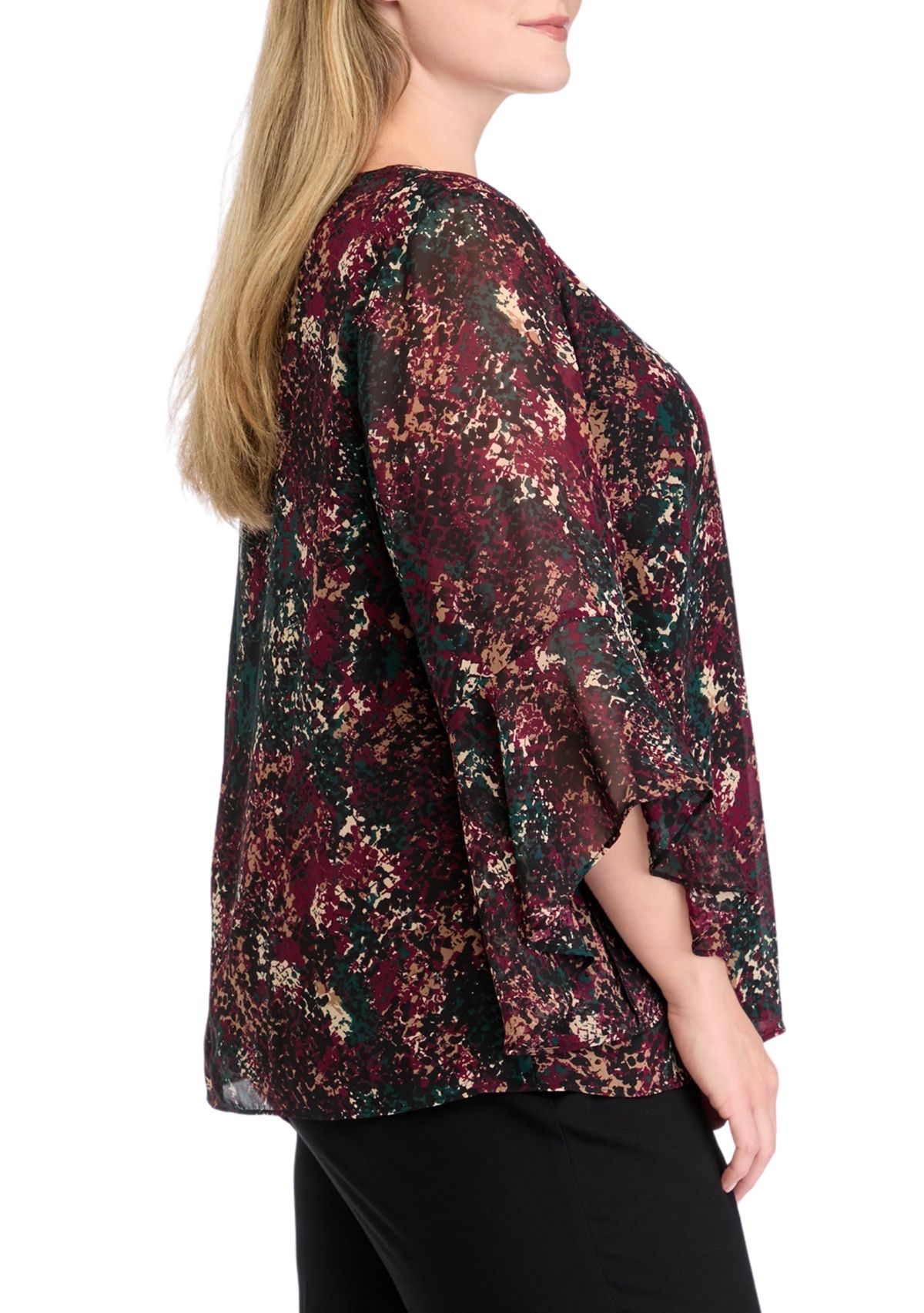 Plus Size Printed Ruffle Bell Sleeve Blouse