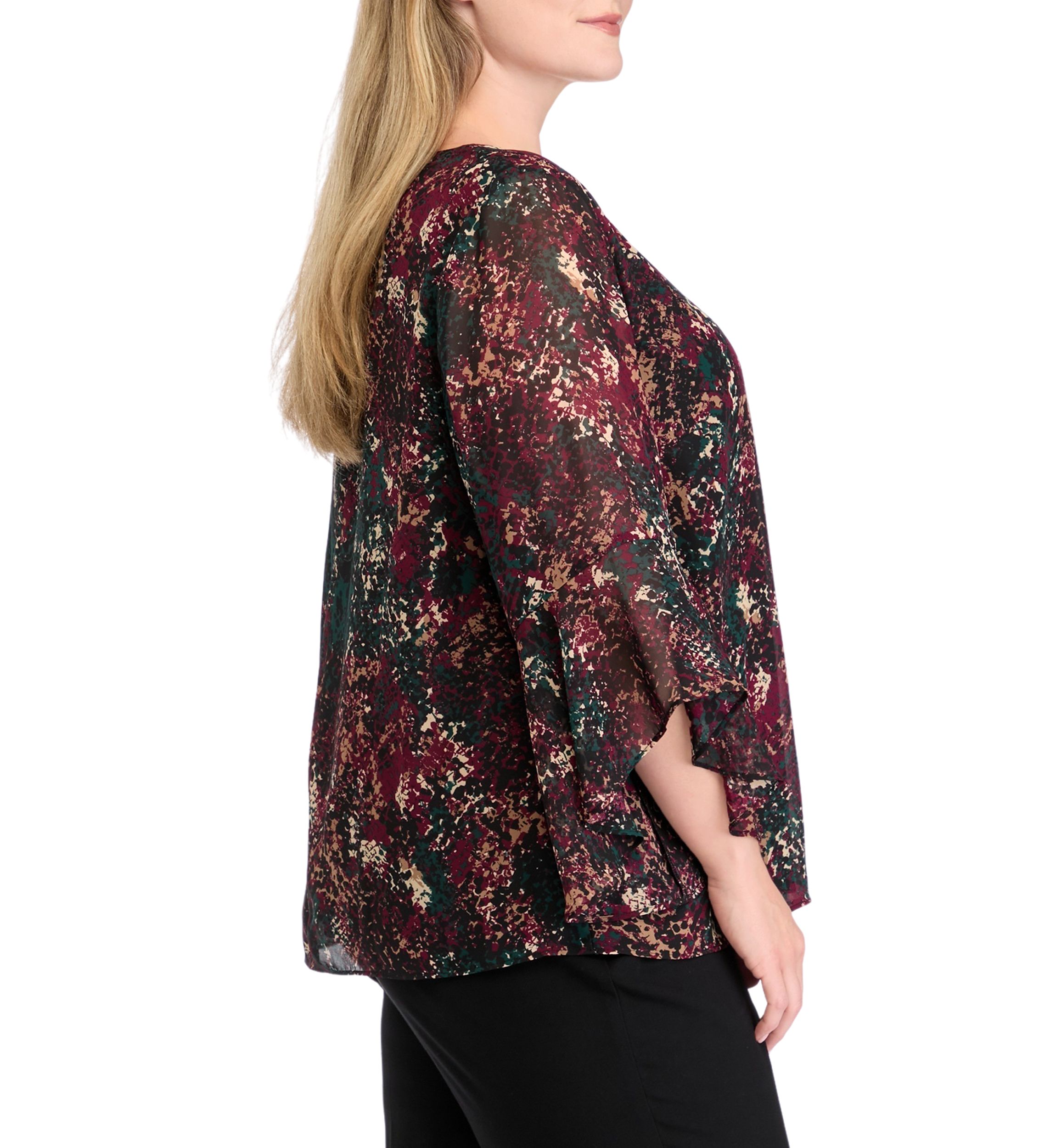 Plus Size Printed Ruffle Bell Sleeve Blouse