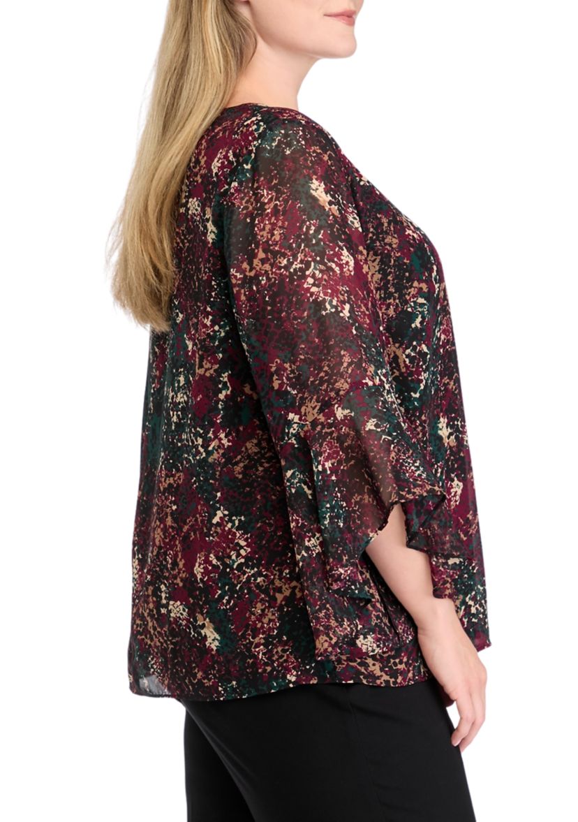 Plus Size Printed Ruffle Bell Sleeve Blouse