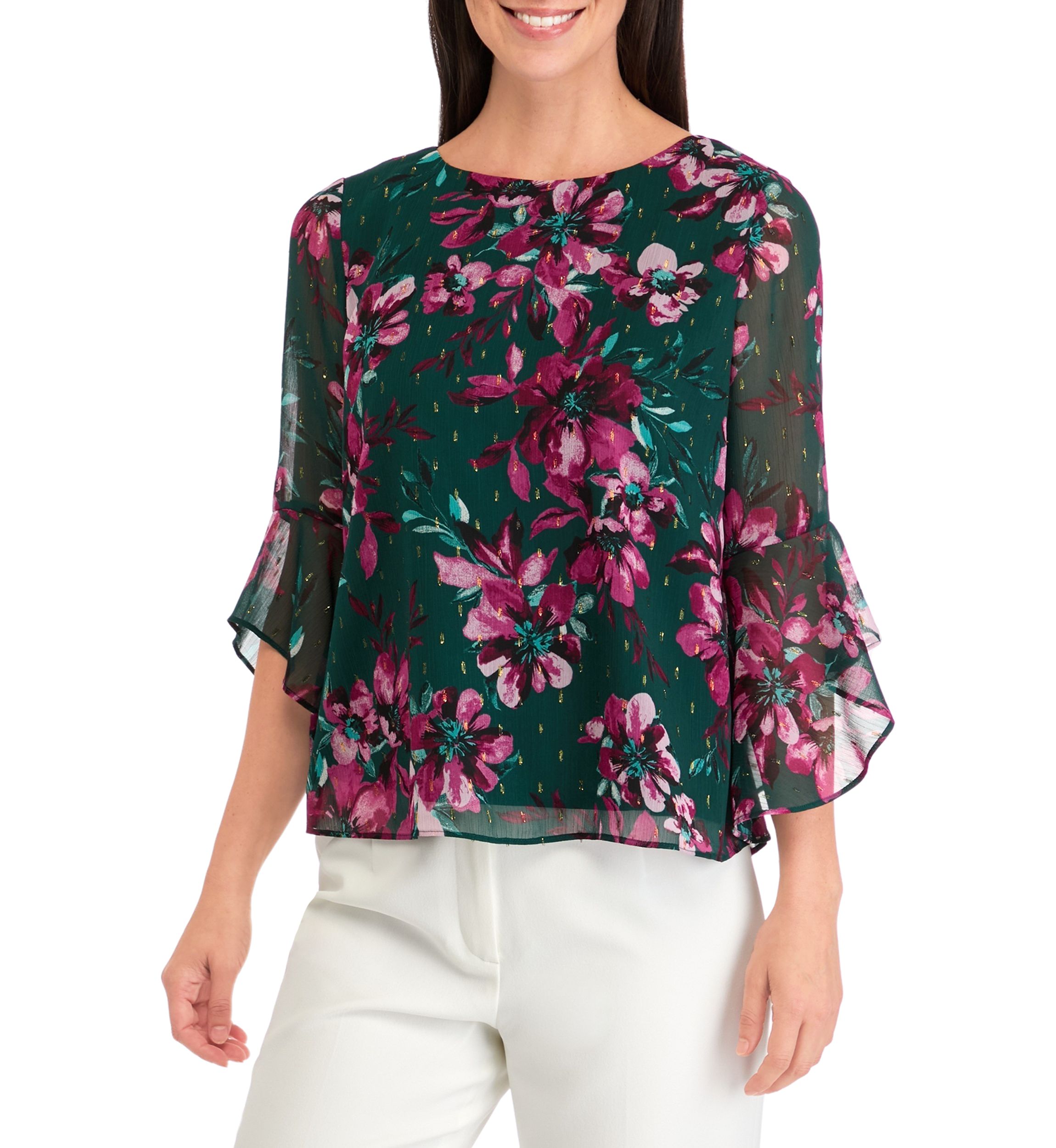 Petite Ruffle Sleeve Printed Blouse
