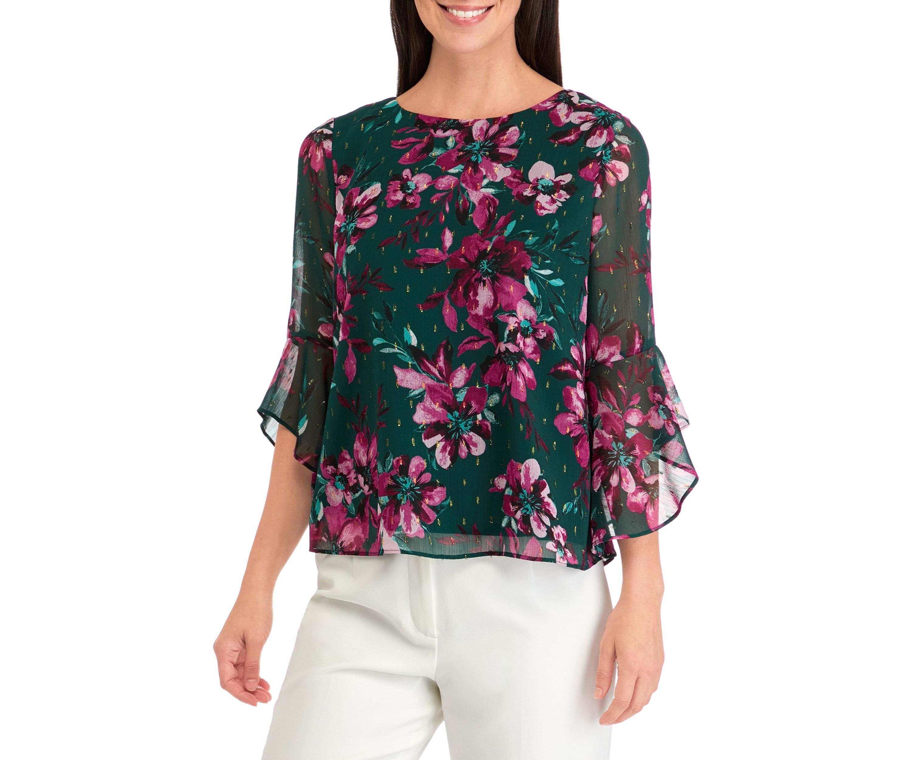 Petite Ruffle Sleeve Printed Blouse