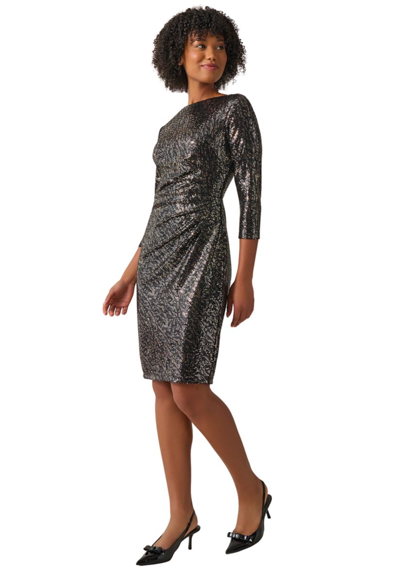 Womens Boat Neck Side Cinched Sequin Dress