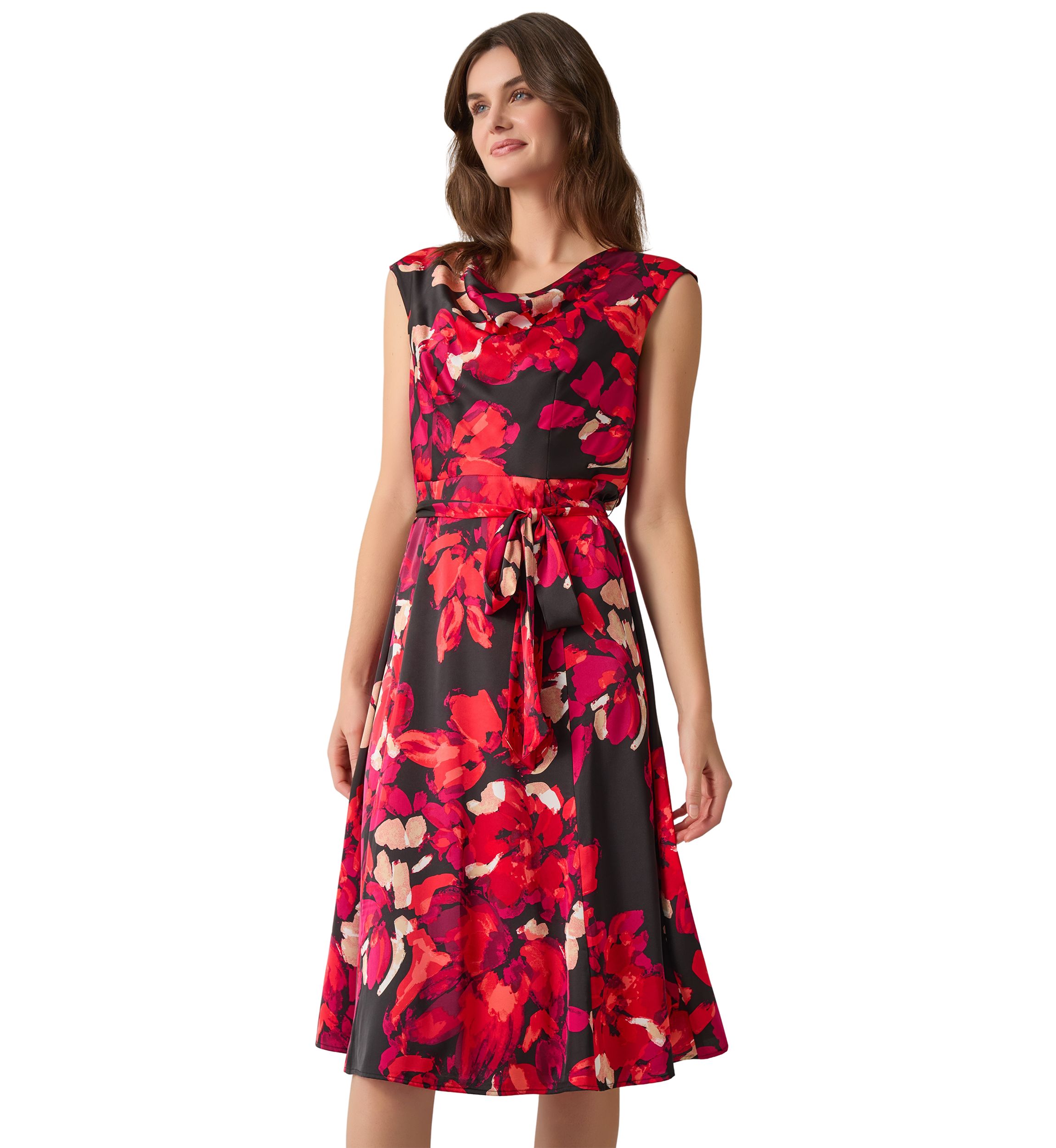 Womens Printed Cowl Neck Seamed Flare Dress
