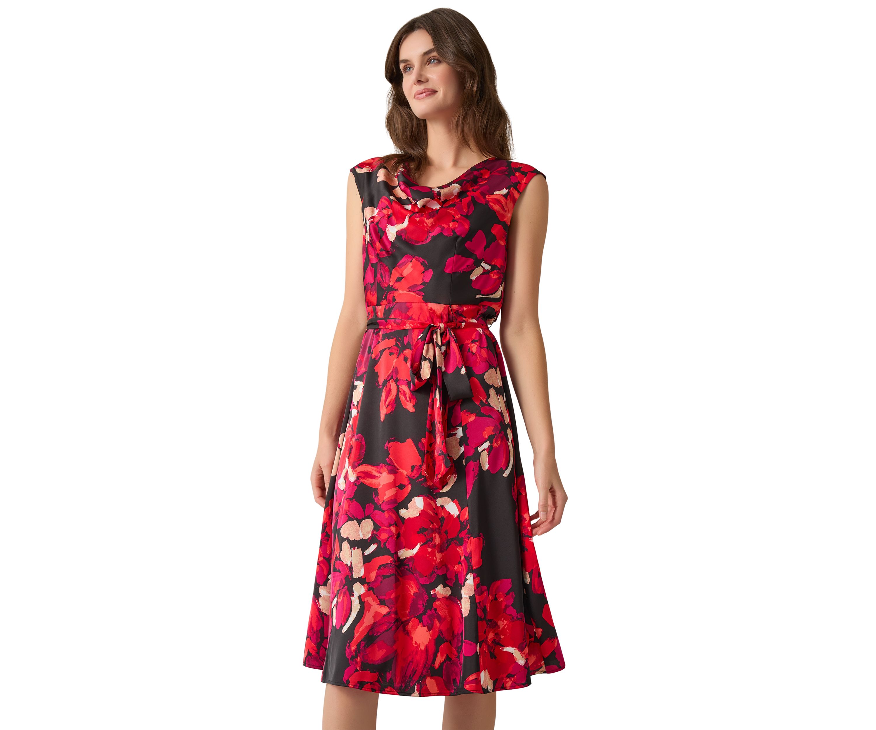Womens Printed Cowl Neck Seamed Flare Dress
