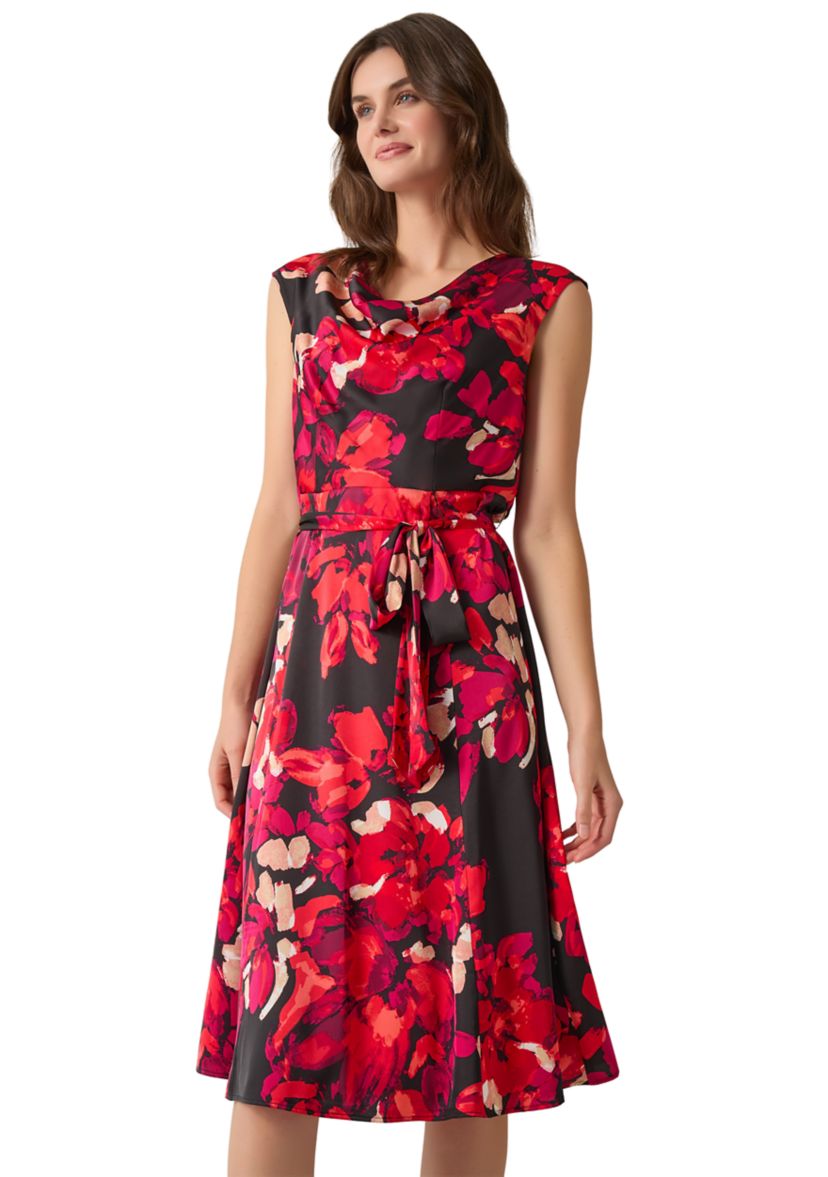Womens Printed Cowl Neck Seamed Flare Dress