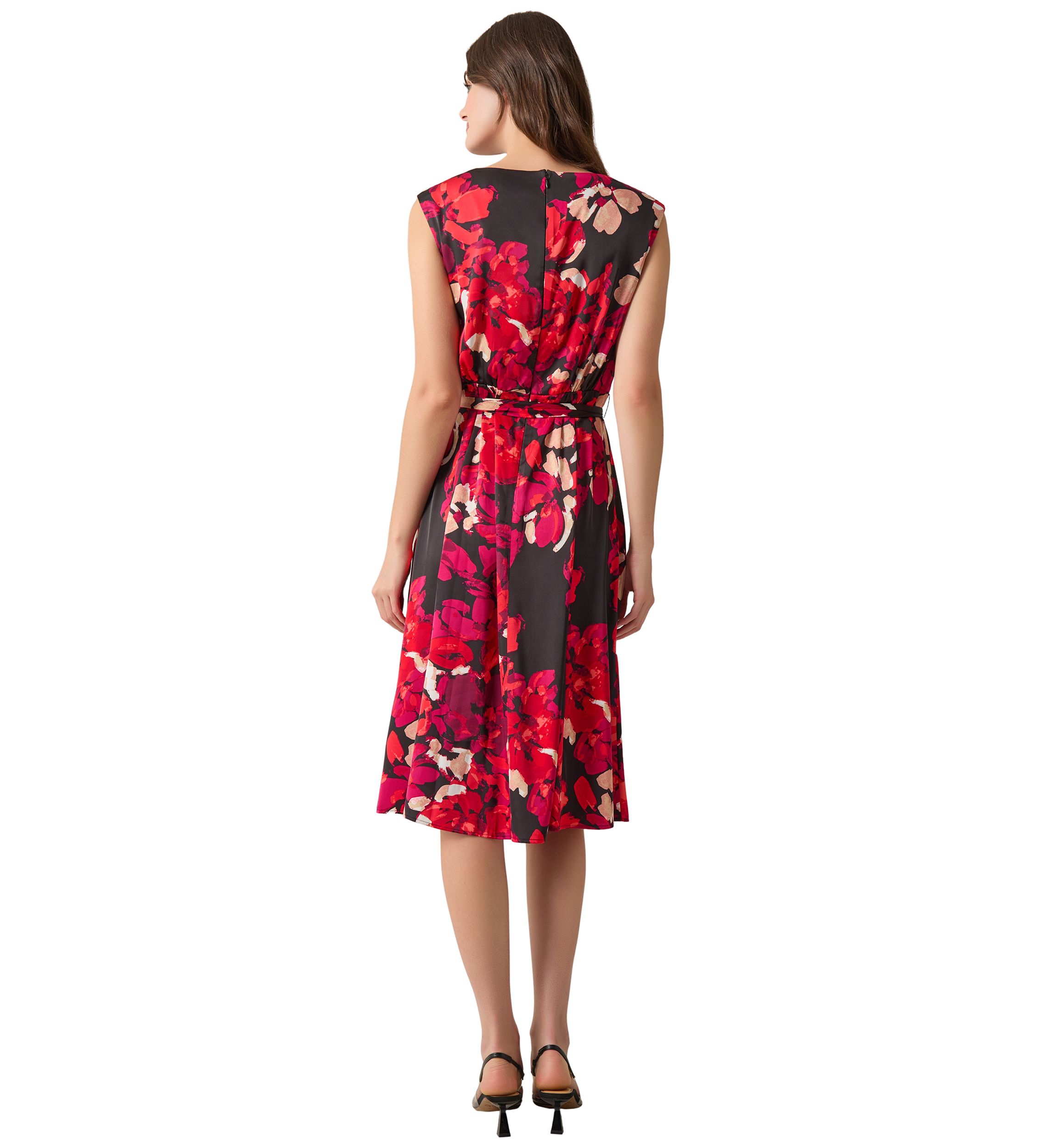 Womens Printed Cowl Neck Seamed Flare Dress
