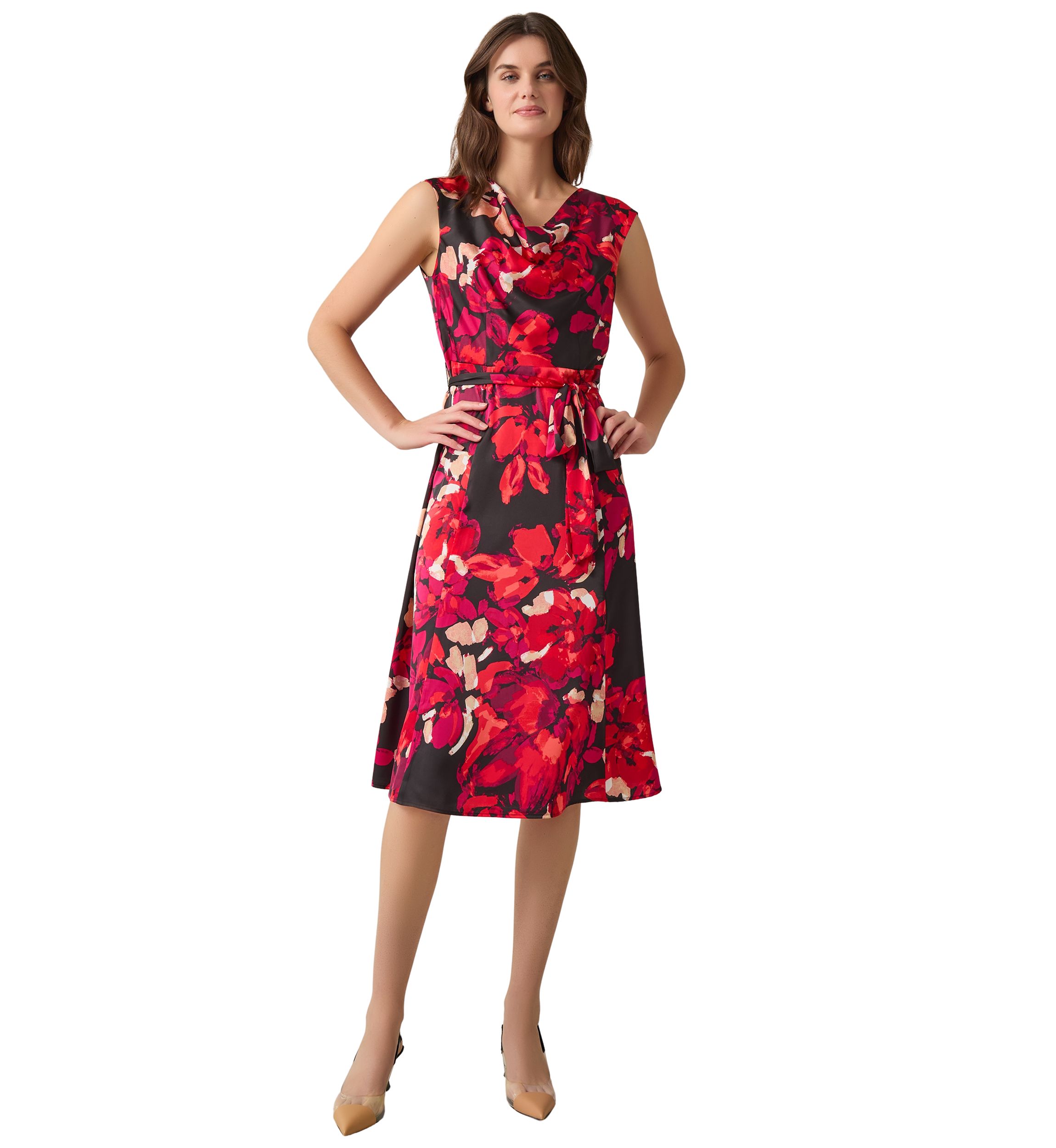 Womens Printed Cowl Neck Seamed Flare Dress
