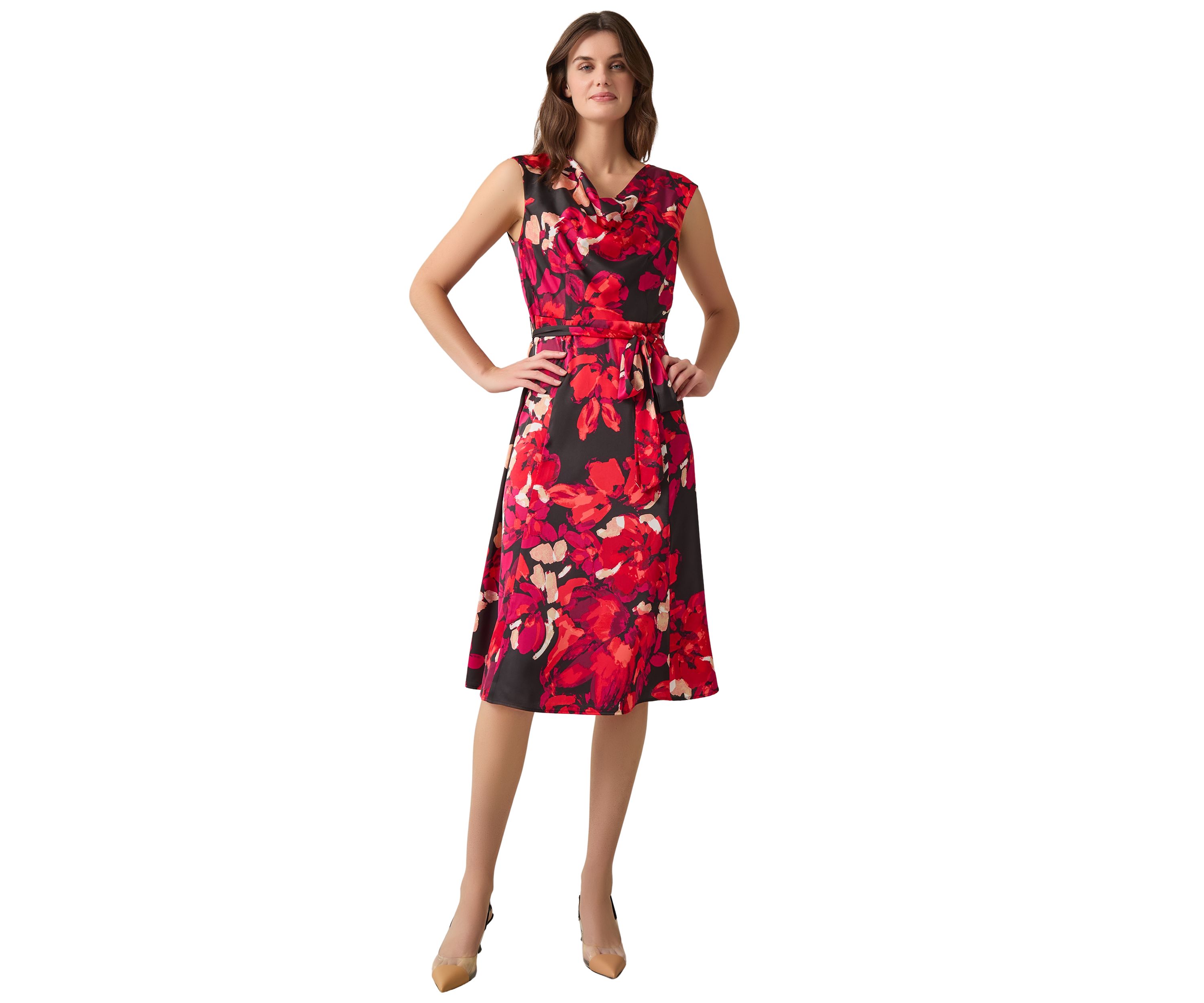 Womens Printed Cowl Neck Seamed Flare Dress