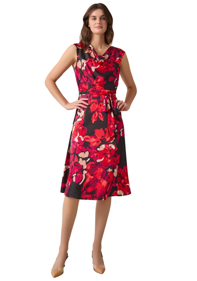 Womens Printed Cowl Neck Seamed Flare Dress