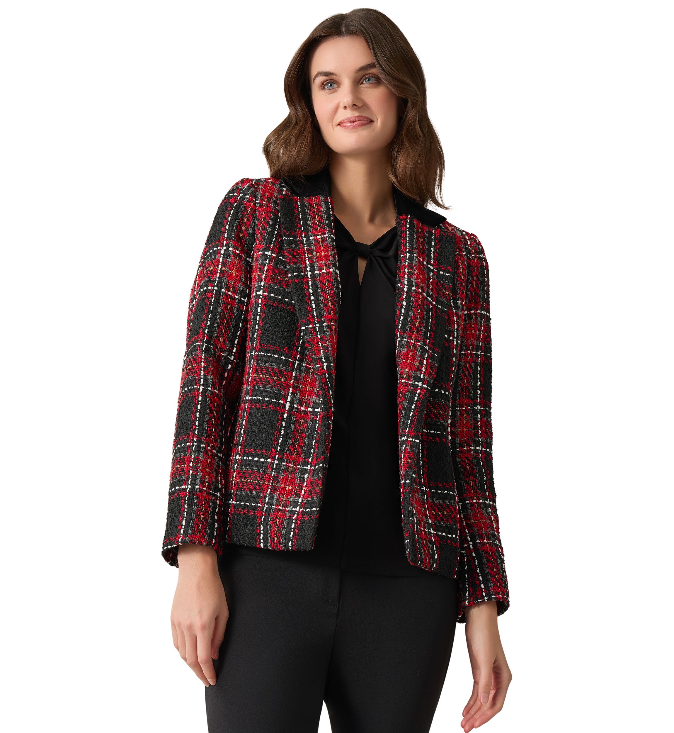 Petite Notch Collar Open Front Printed Tweed Suit Separate Jacket