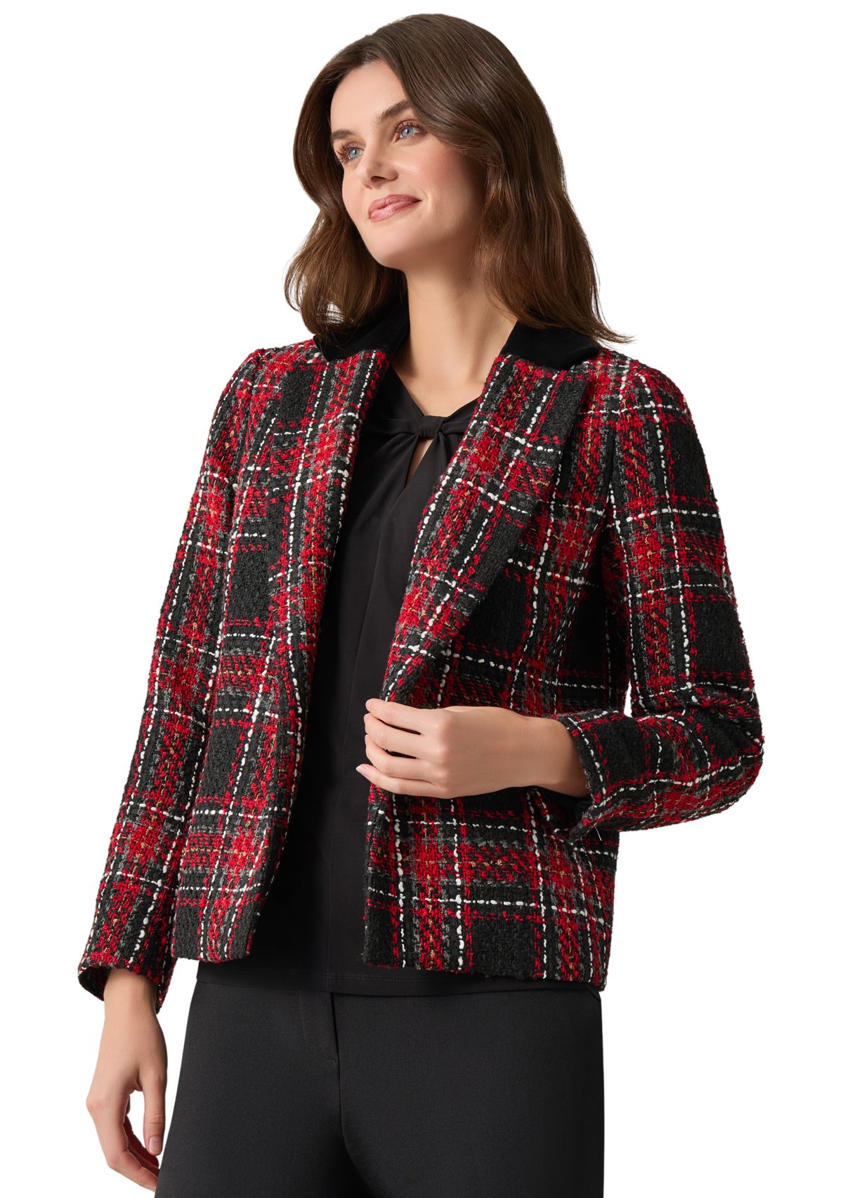 Petite Notch Collar Open Front Printed Tweed Suit Separate Jacket