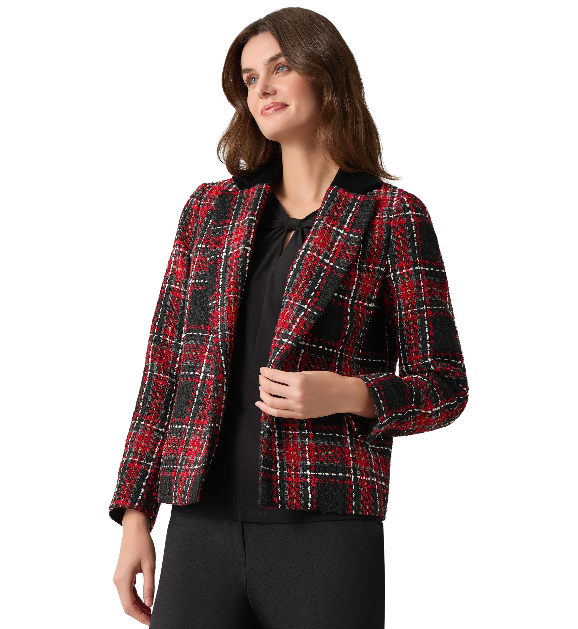 Petite Notch Collar Open Front Printed Tweed Suit Separate Jacket