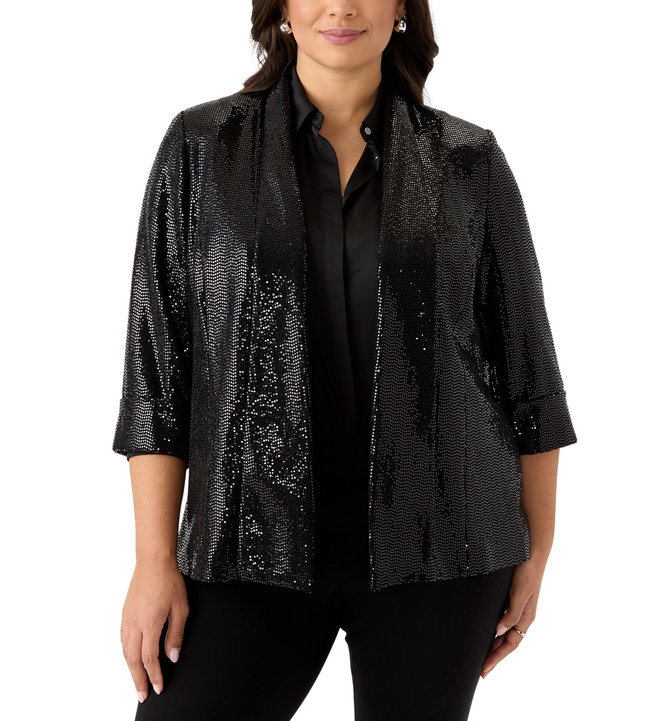 Plus Size Sequin Open Front Cardigan