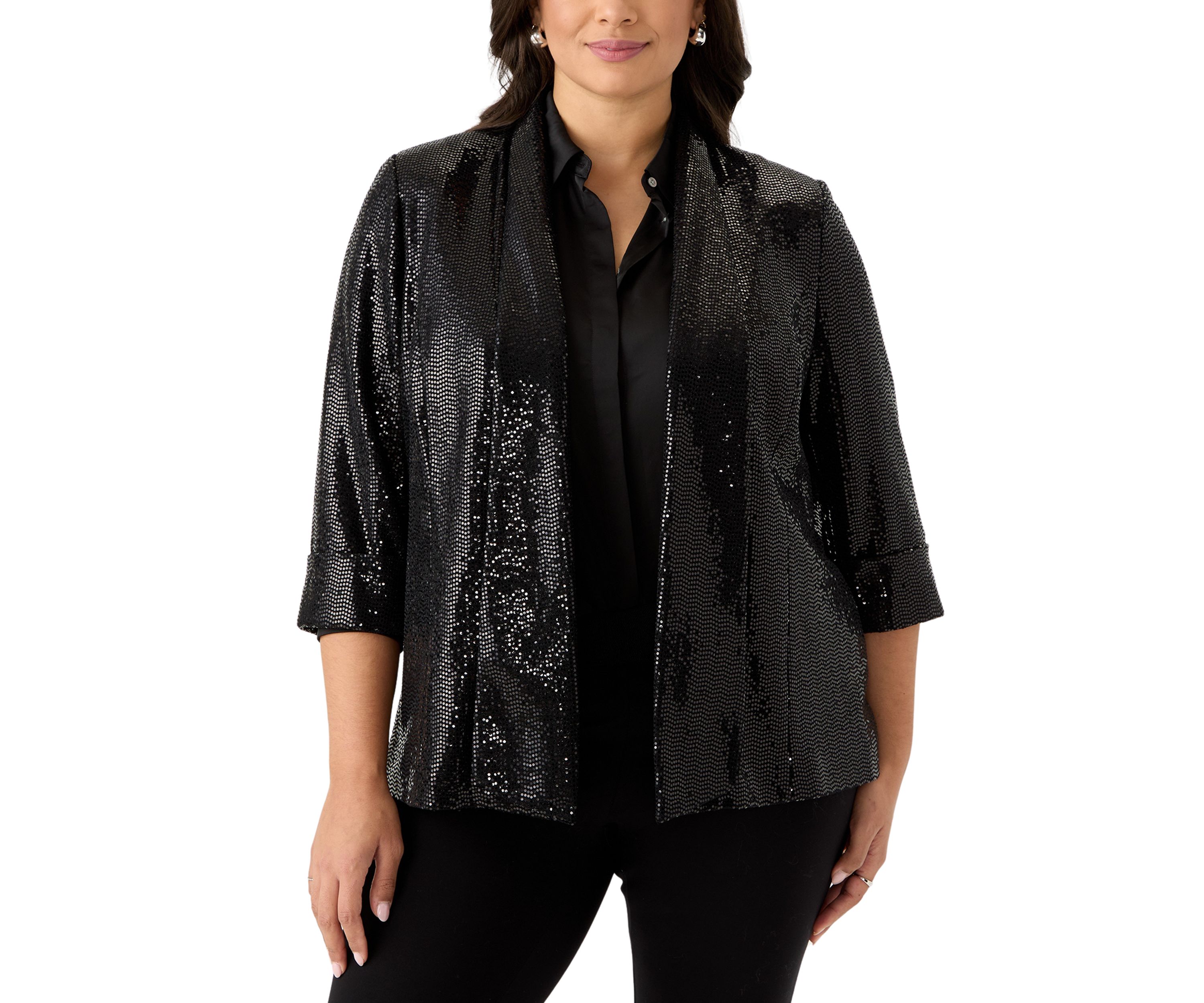 Plus Size Sequin Open Front Cardigan
