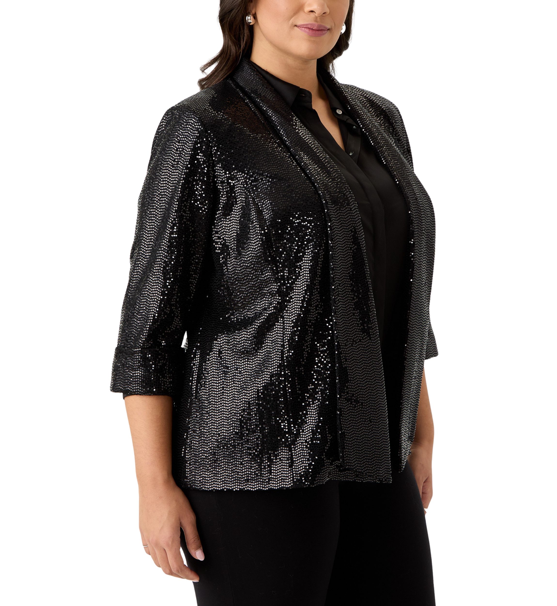 Plus Size Sequin Open Front Cardigan