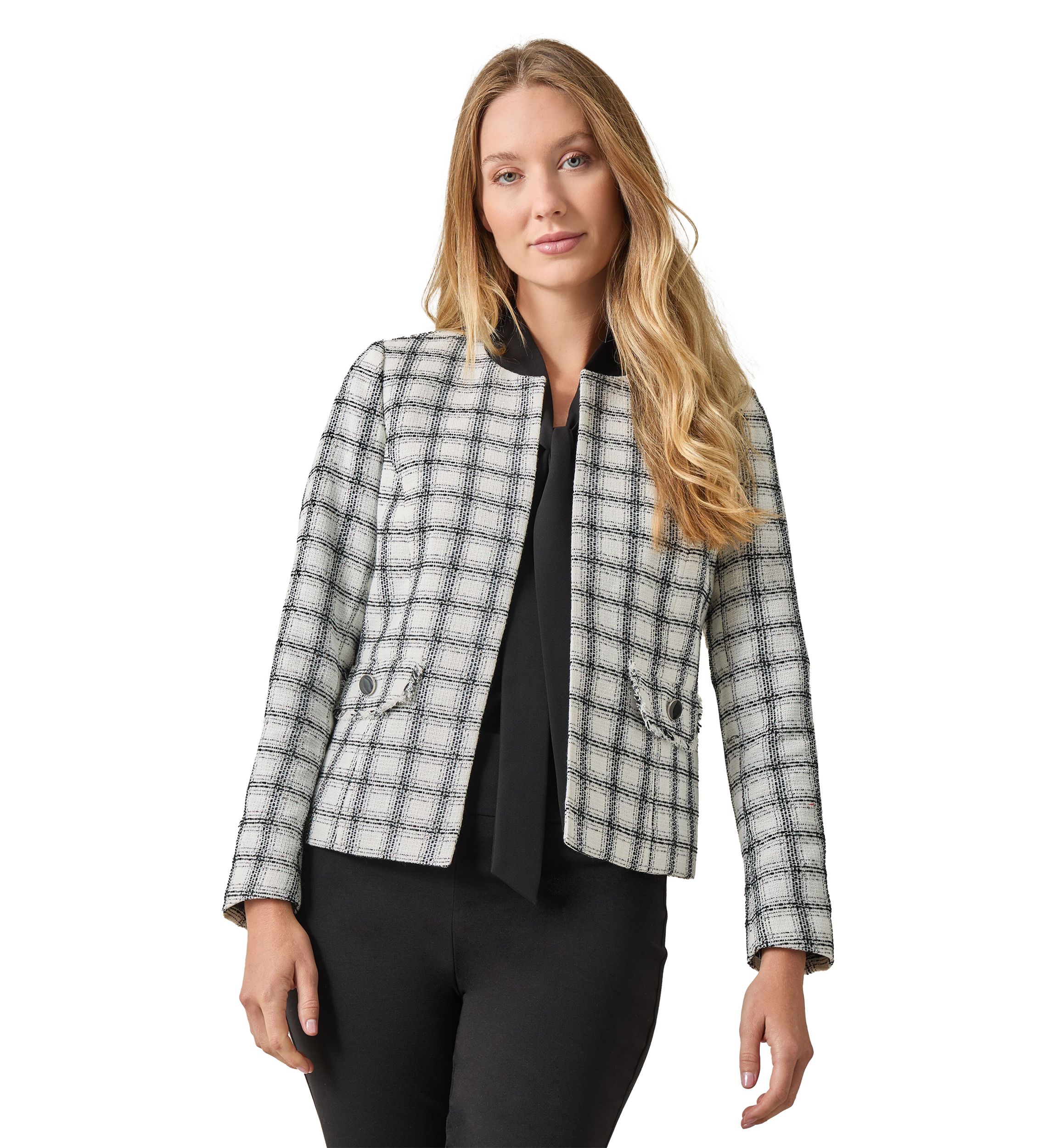 Womens Plaid Fringe Flap Pocket Jacket
