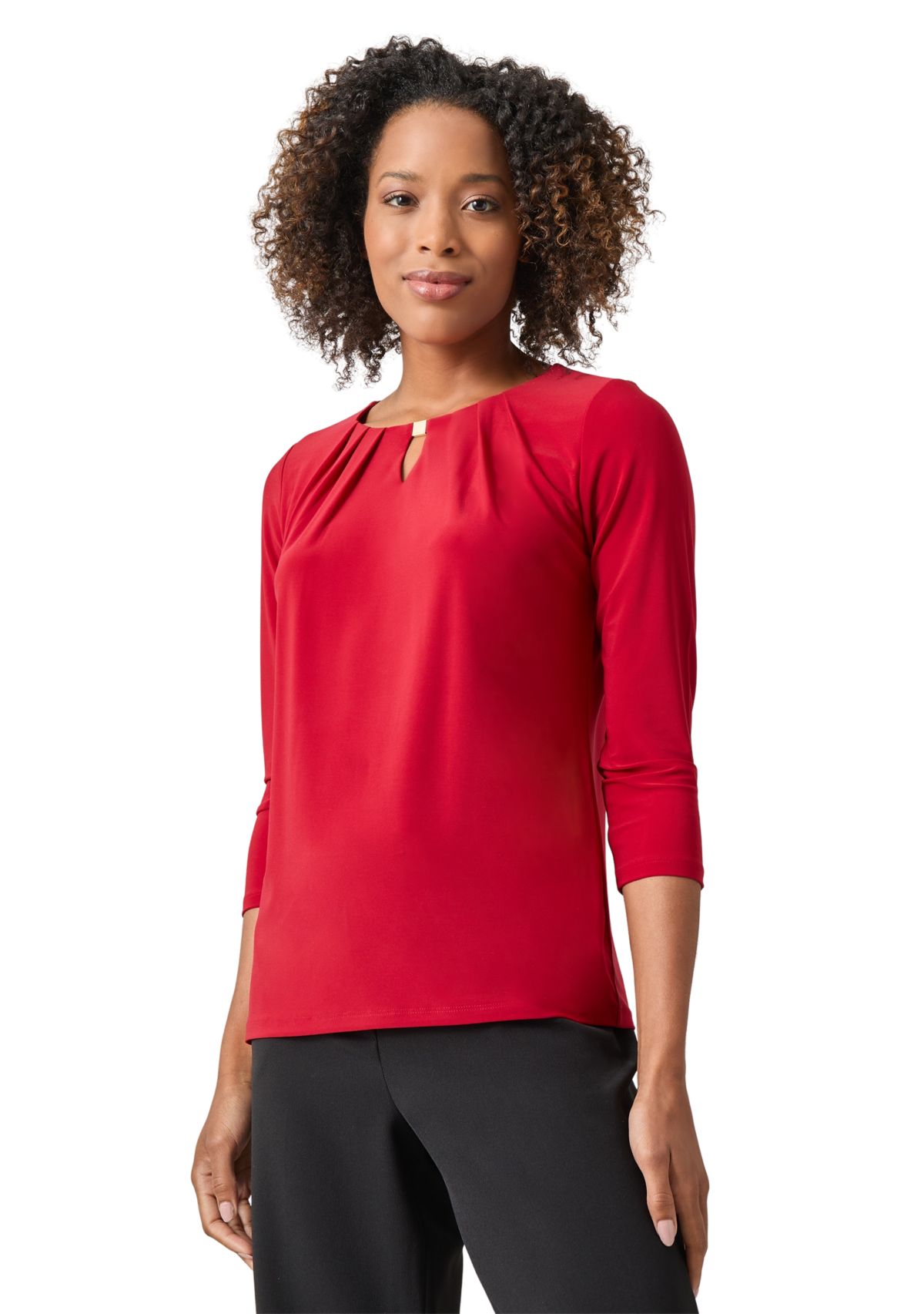 Womens 3/4 Sleeve Pleated Keyhole Neck Top