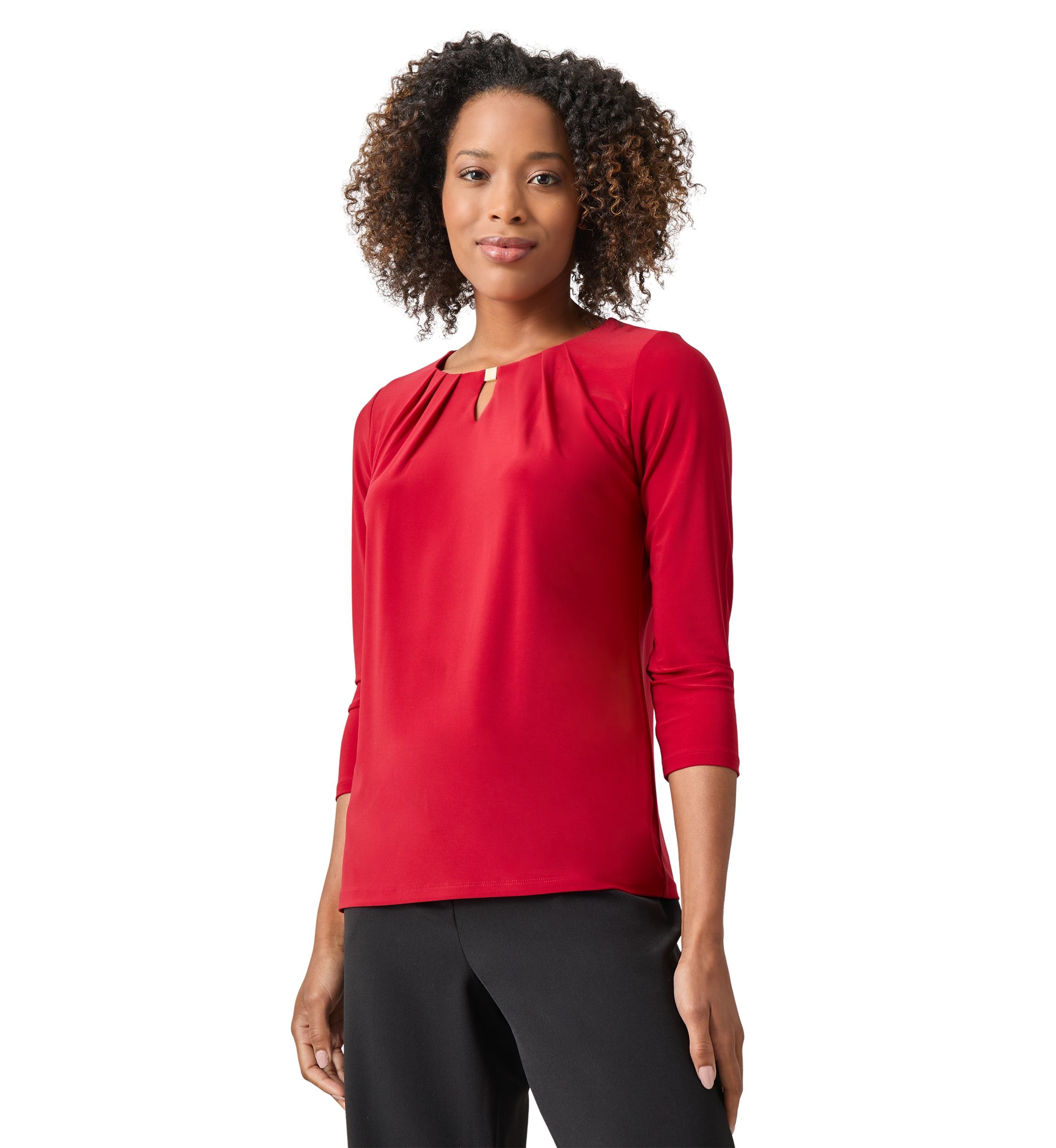 Womens 3/4 Sleeve Pleated Keyhole Neck Top