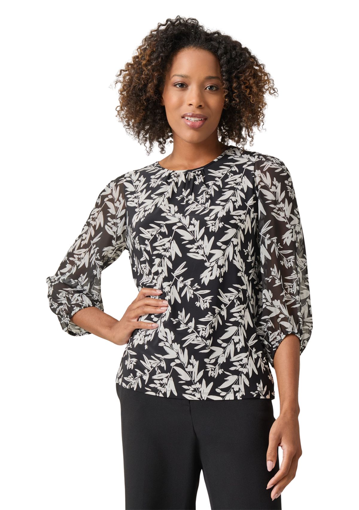 Womens Shirred Neck Blouson Sleeve Top