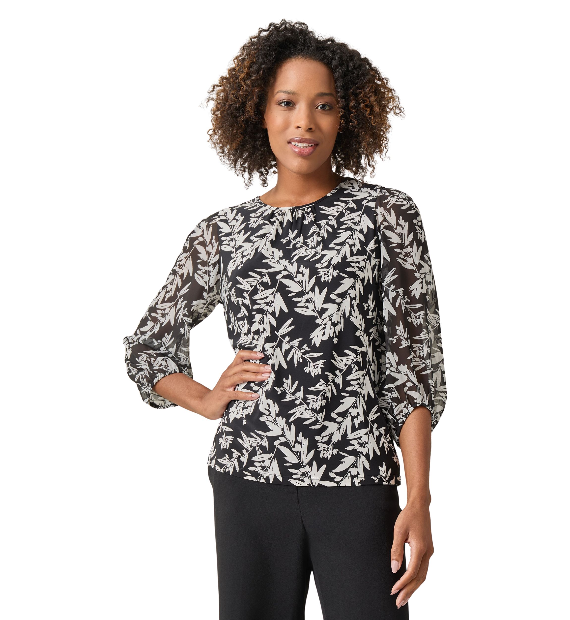 Womens Shirred Neck Blouson Sleeve Top
