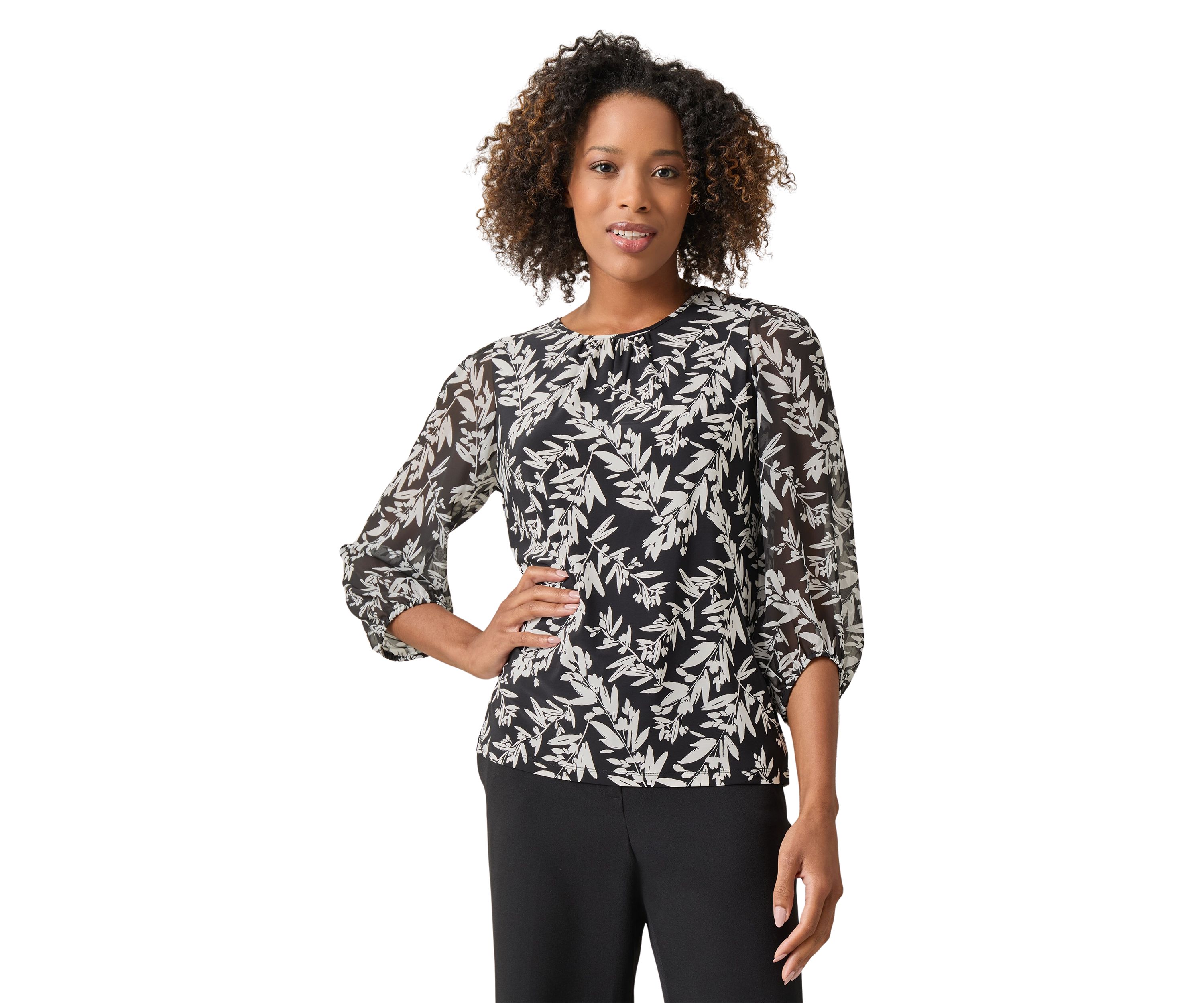 Womens Shirred Neck Blouson Sleeve Top