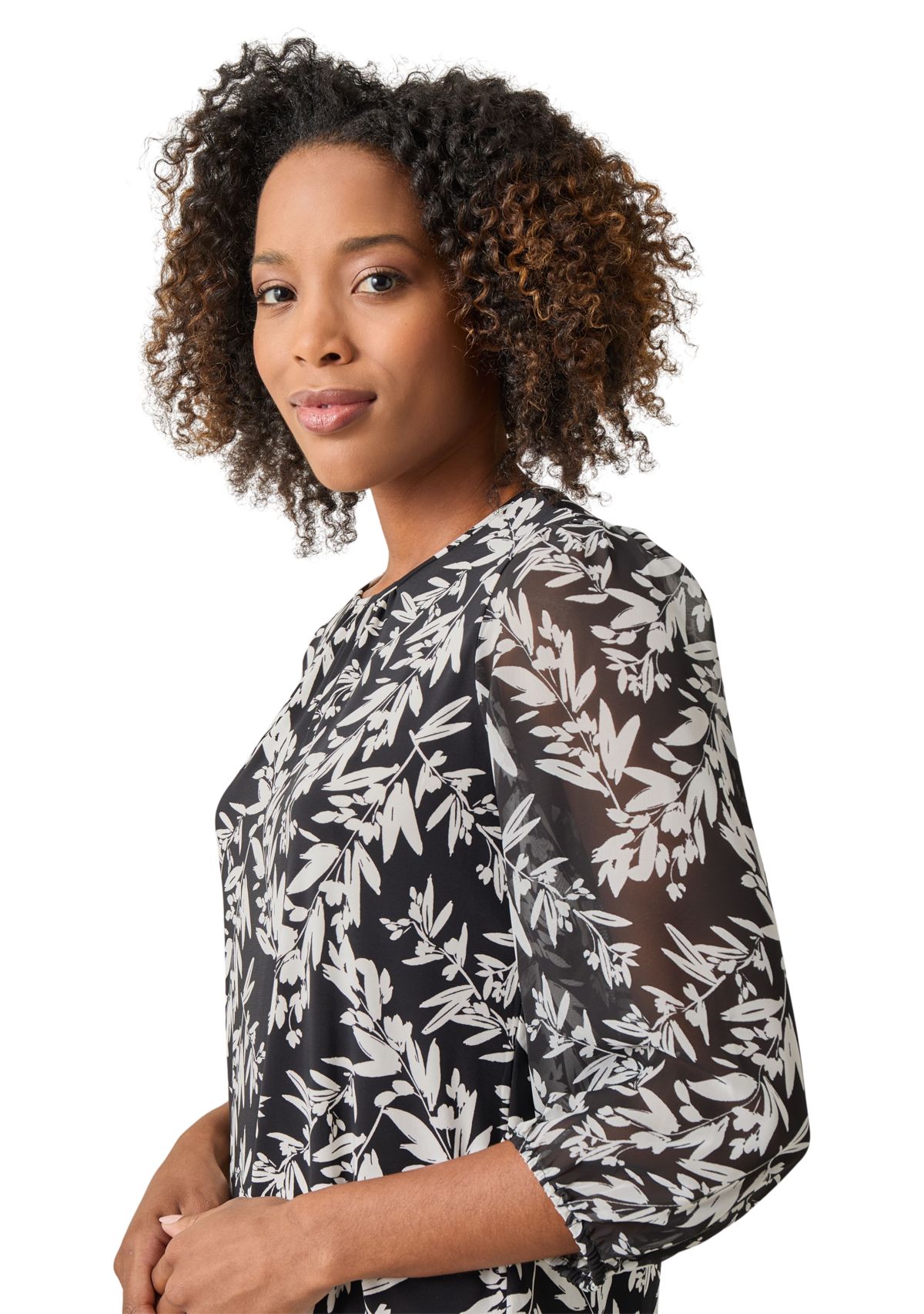 Womens Shirred Neck Blouson Sleeve Top