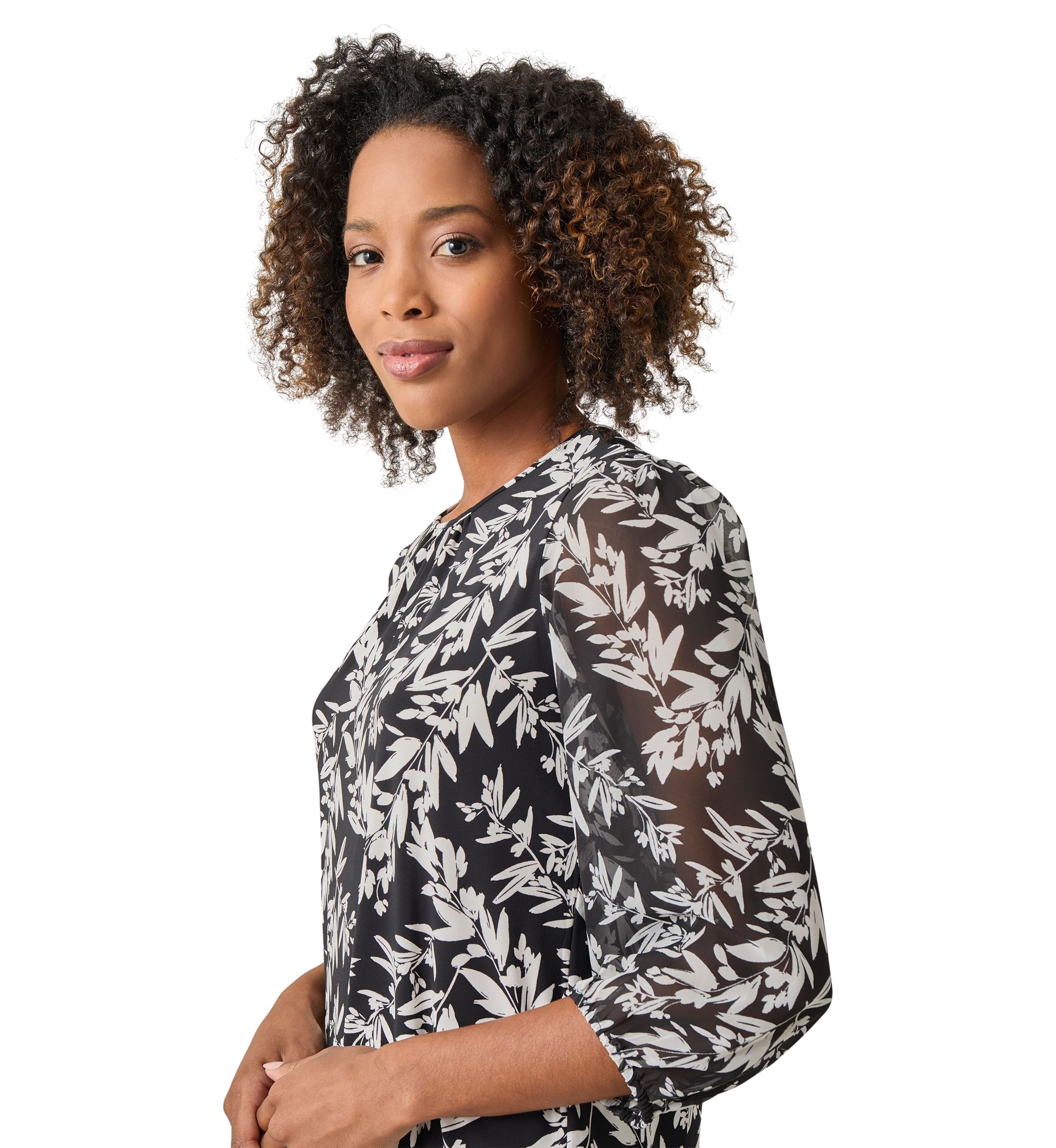 Womens Shirred Neck Blouson Sleeve Top