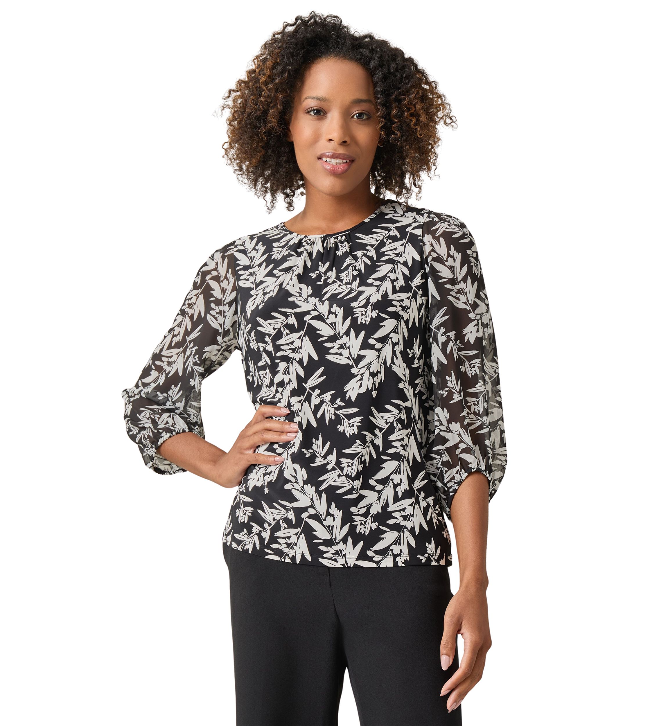 Petite Shirred Neck Blouson Sleeve Top