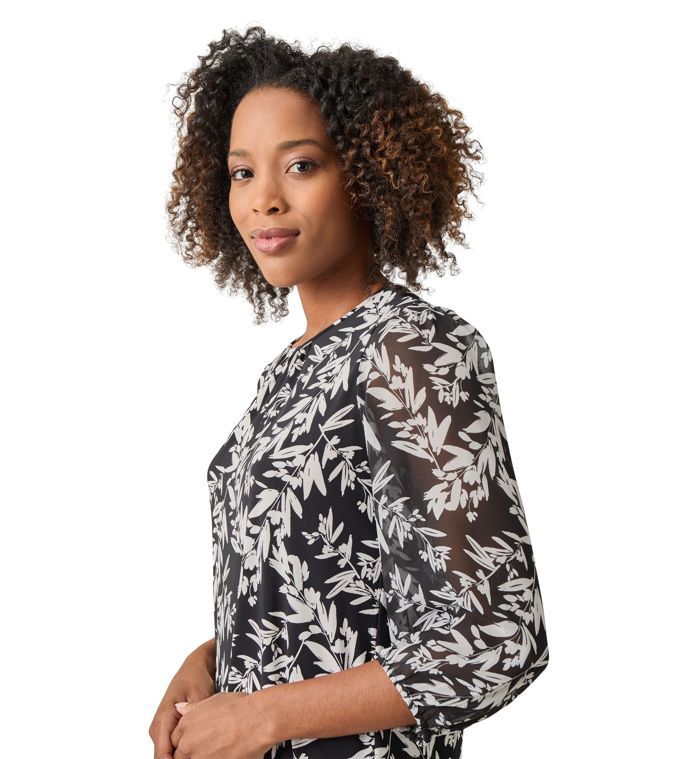 Petite Shirred Neck Blouson Sleeve Top