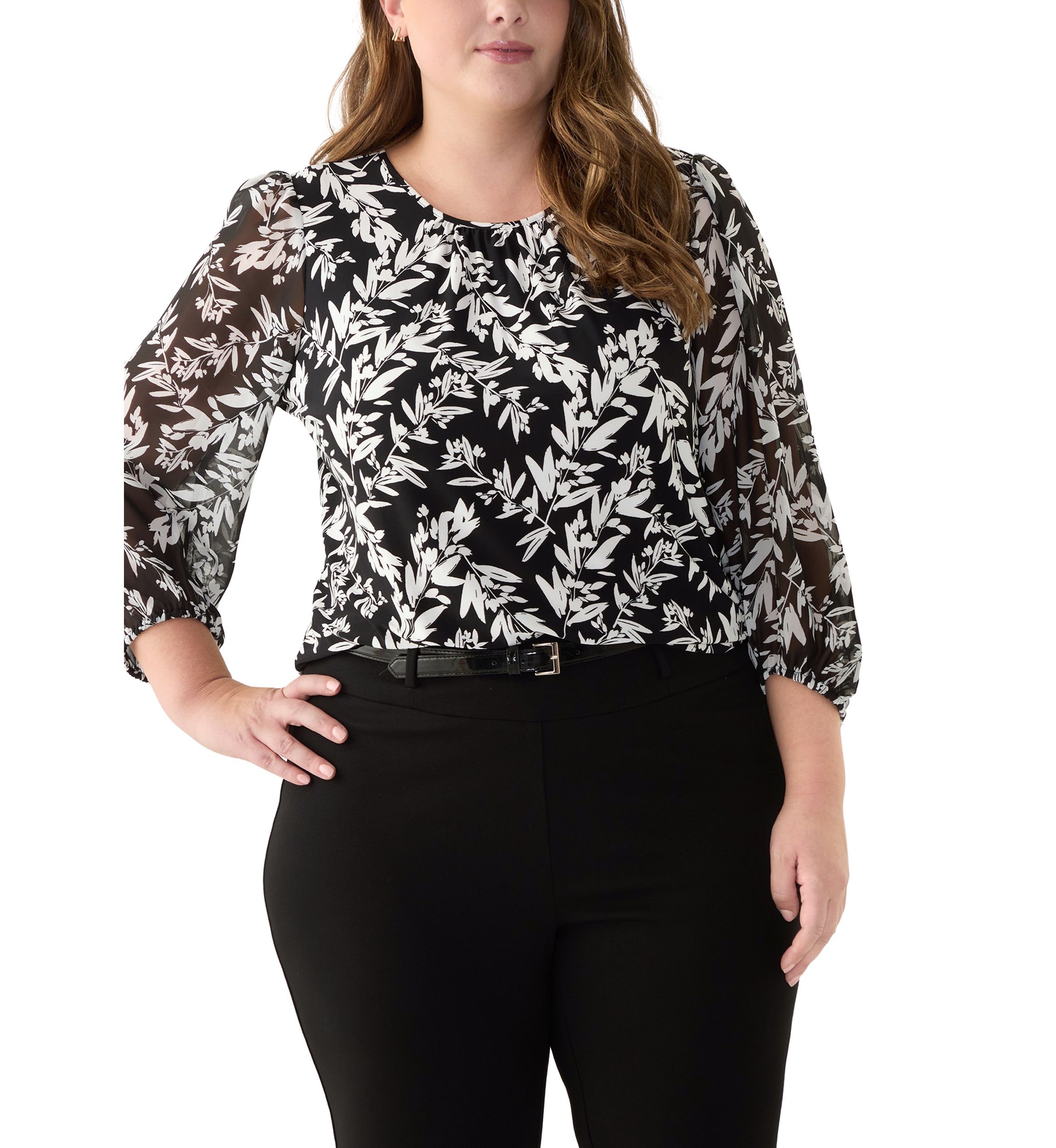 Plus Size Shirred Neck Blouson Sleeve Top