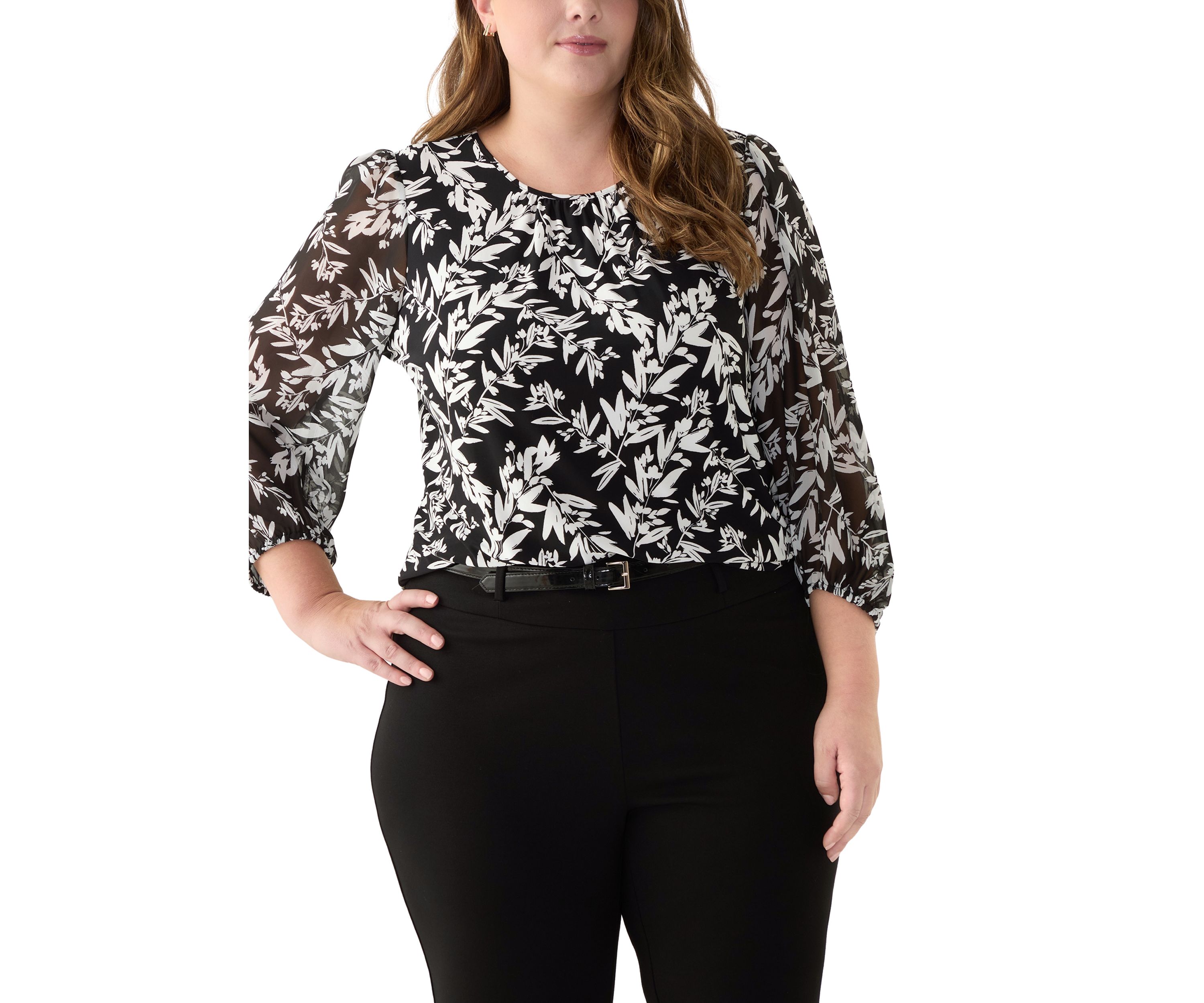 Plus Size Shirred Neck Blouson Sleeve Top