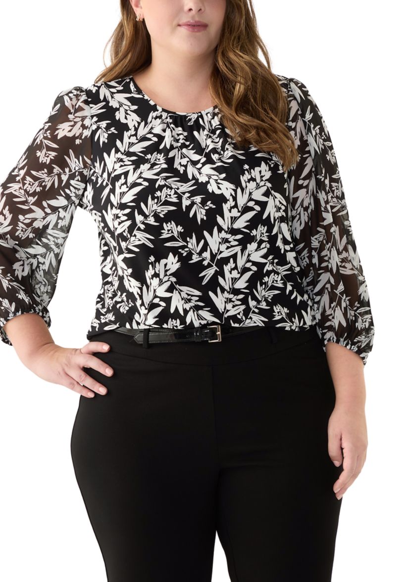 Plus Size Shirred Neck Blouson Sleeve Top