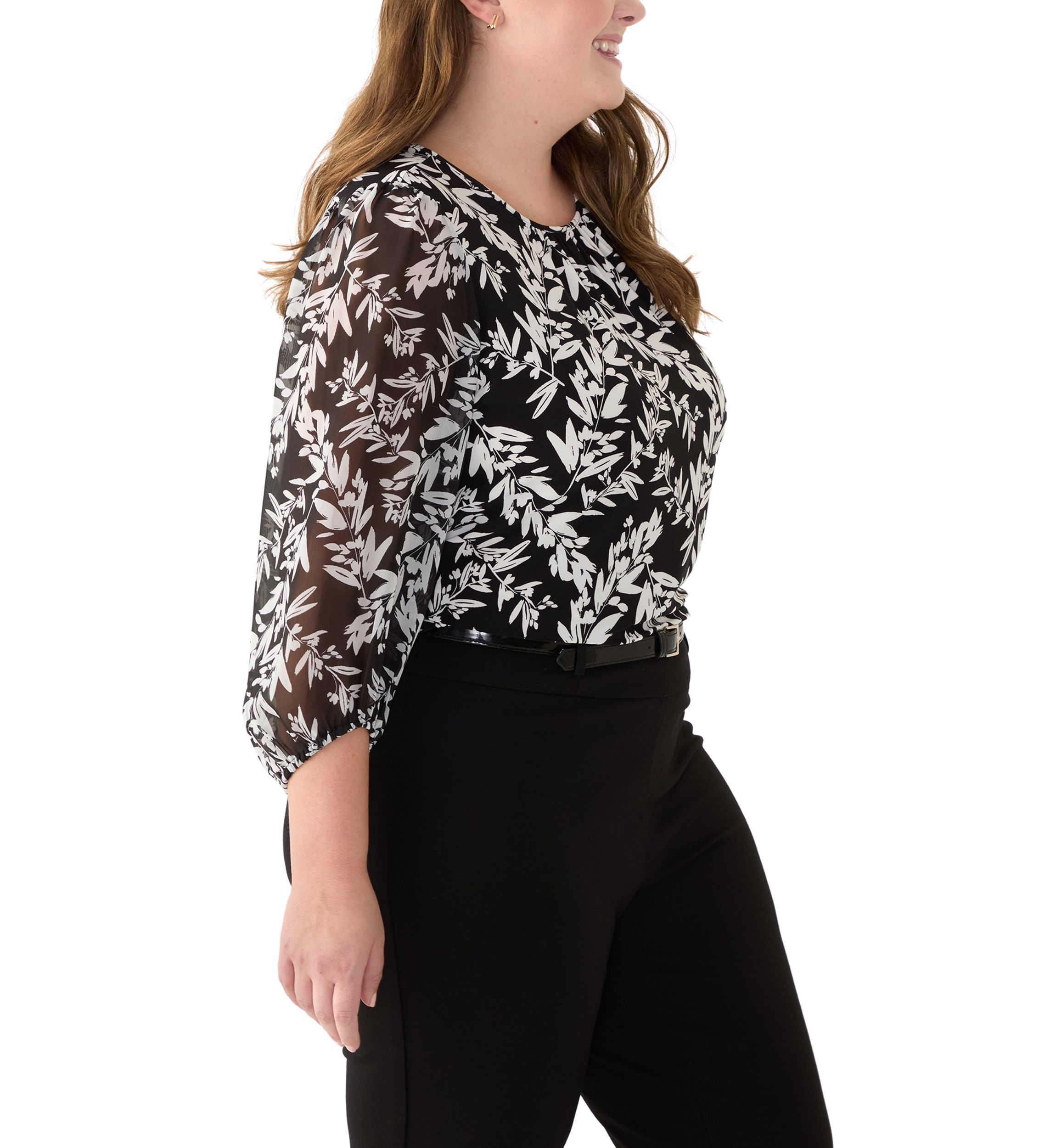 Plus Size Shirred Neck Blouson Sleeve Top