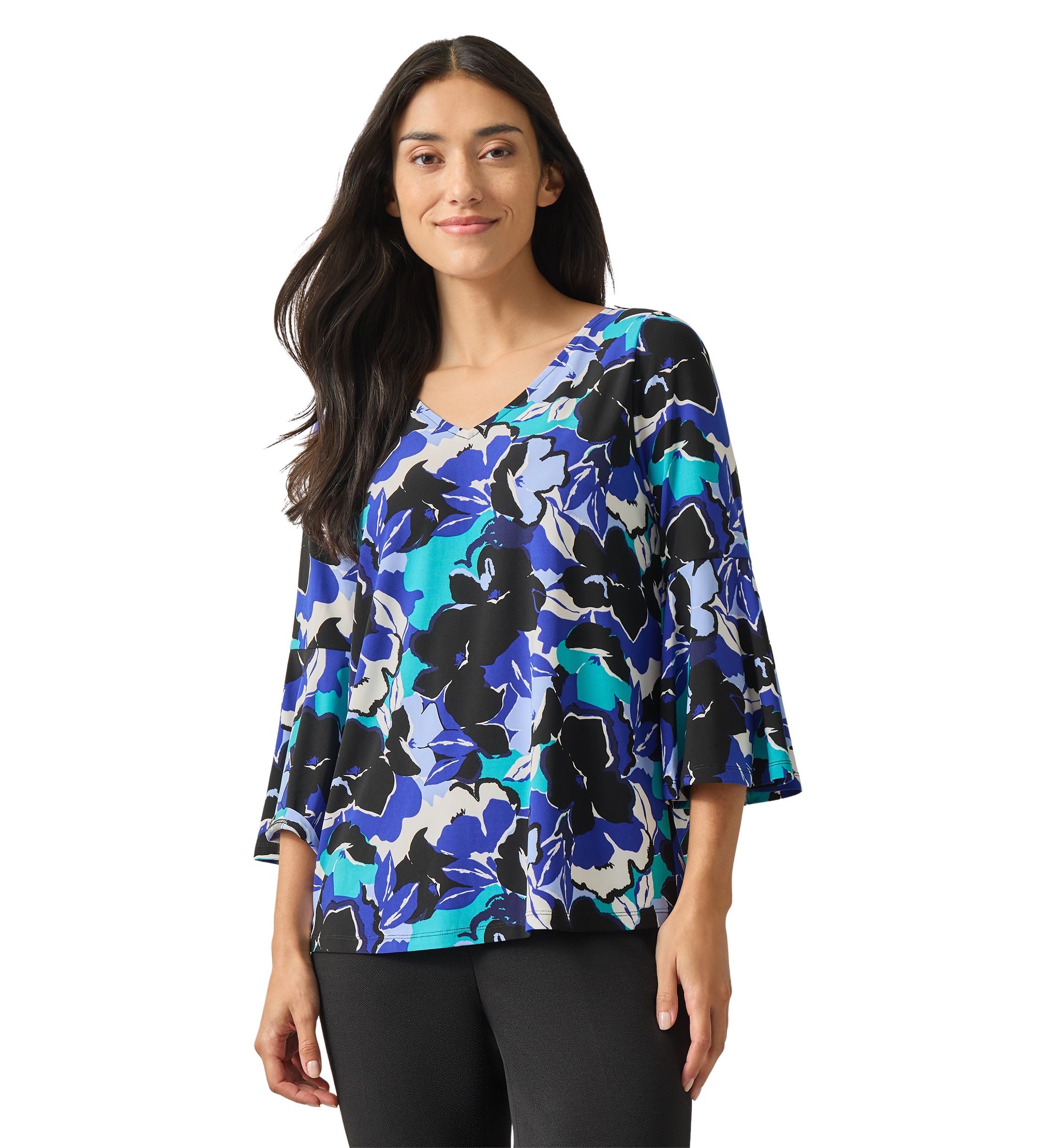 Womens Bell Sleeve V-Neck Printed Top 