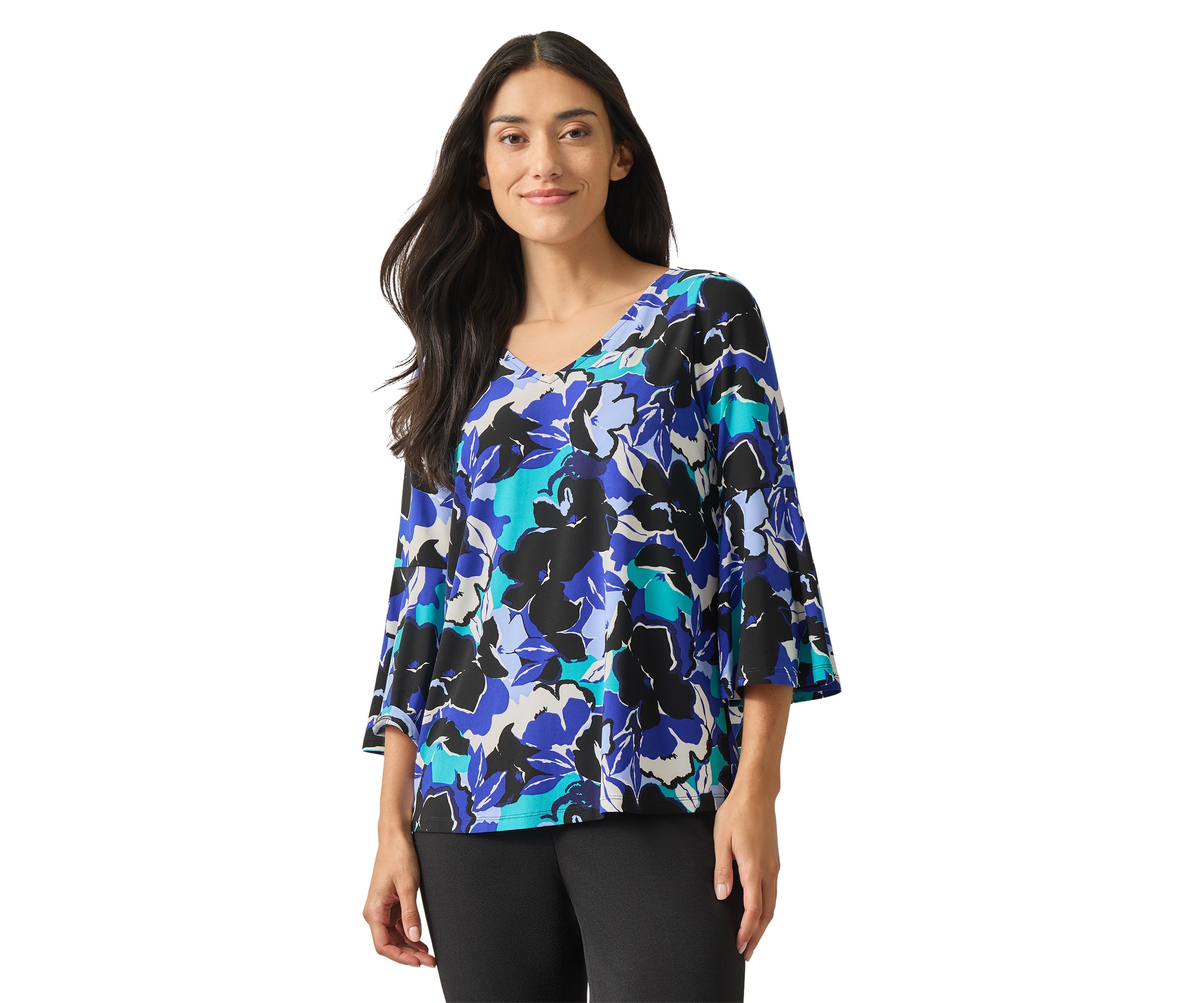 Womens Bell Sleeve V-Neck Printed Top 