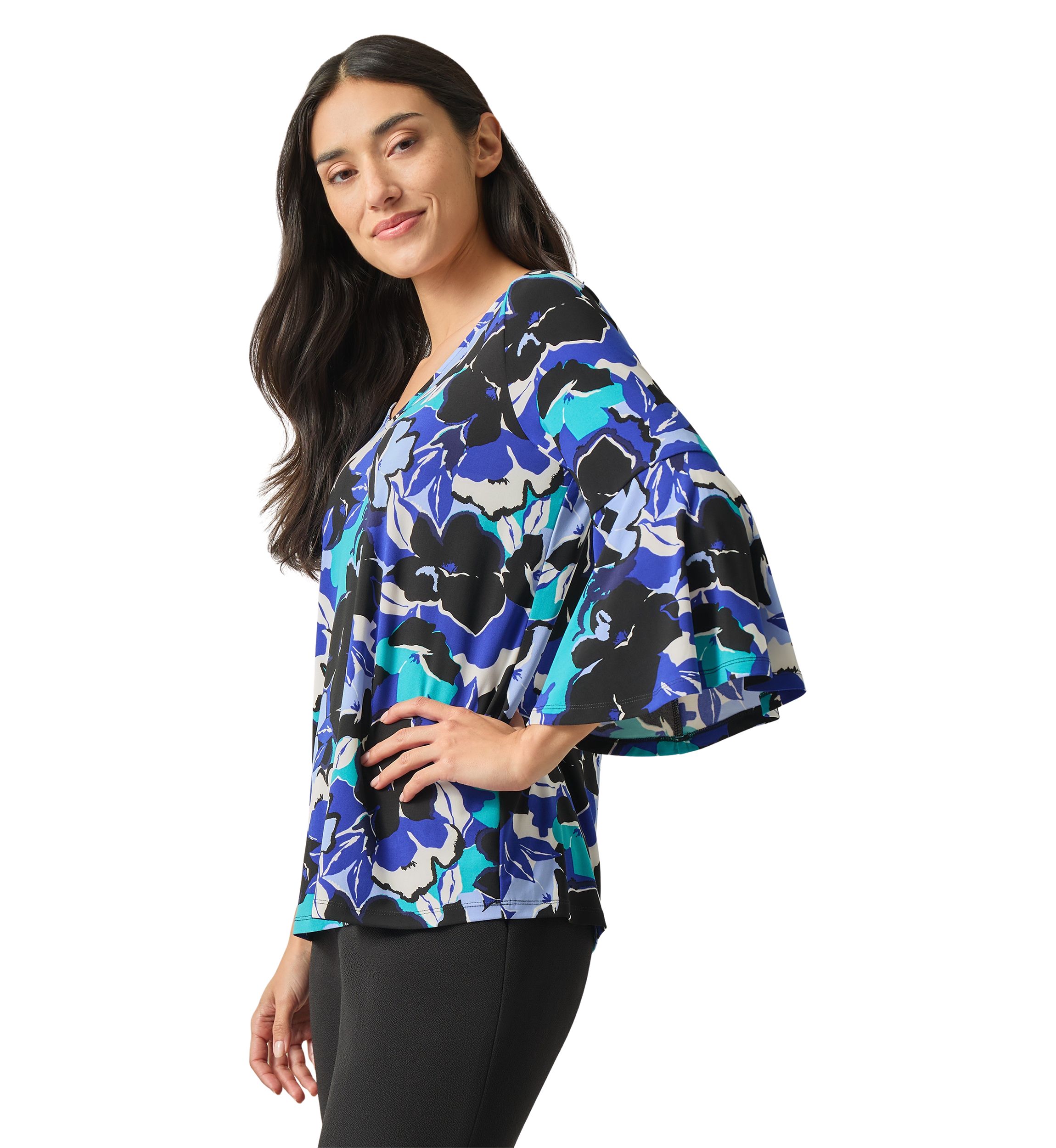 Womens Bell Sleeve V-Neck Printed Top 