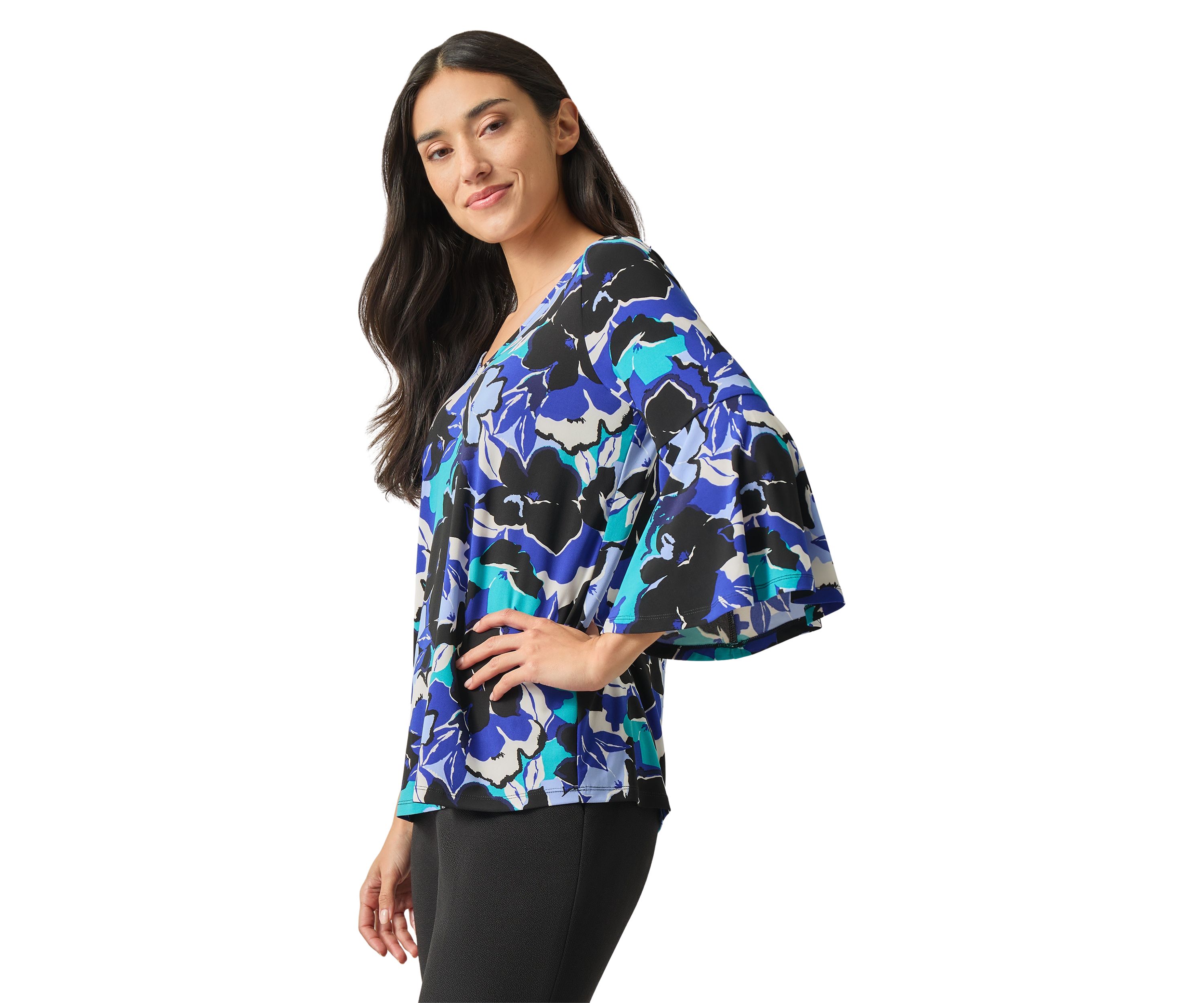 Womens Bell Sleeve V-Neck Printed Top 