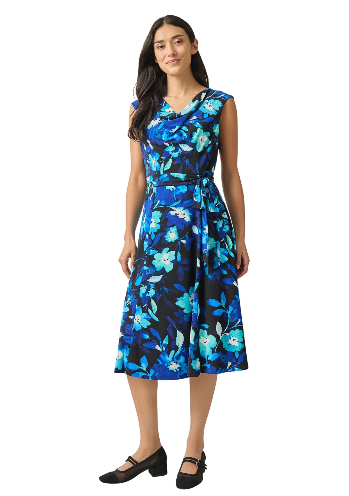 Womens Cowl Neck Seamed Flare Dress