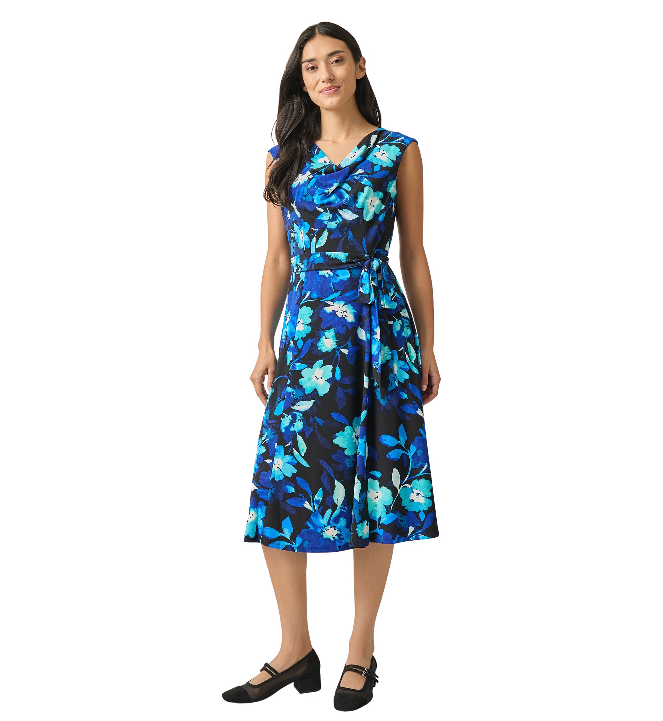Womens Cowl Neck Seamed Flare Dress