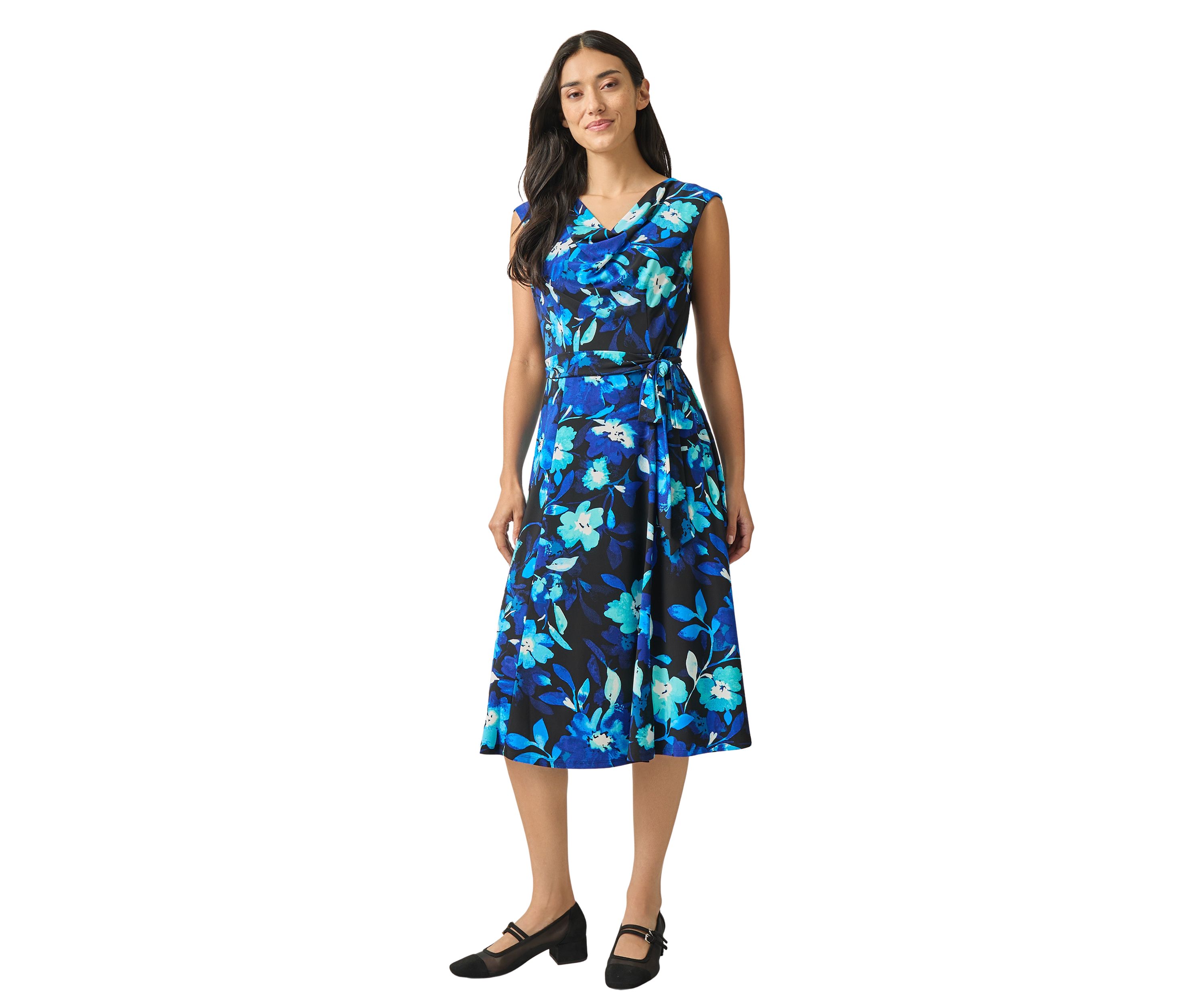 Womens Cowl Neck Seamed Flare Dress