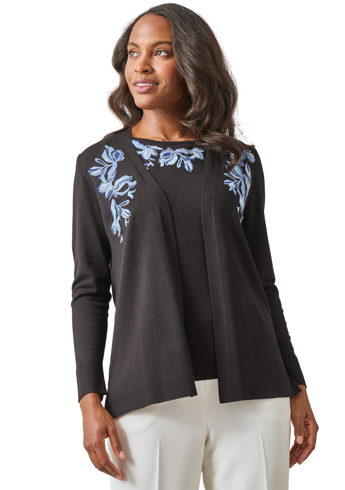 Womens Open Front Embroidered Cardigan