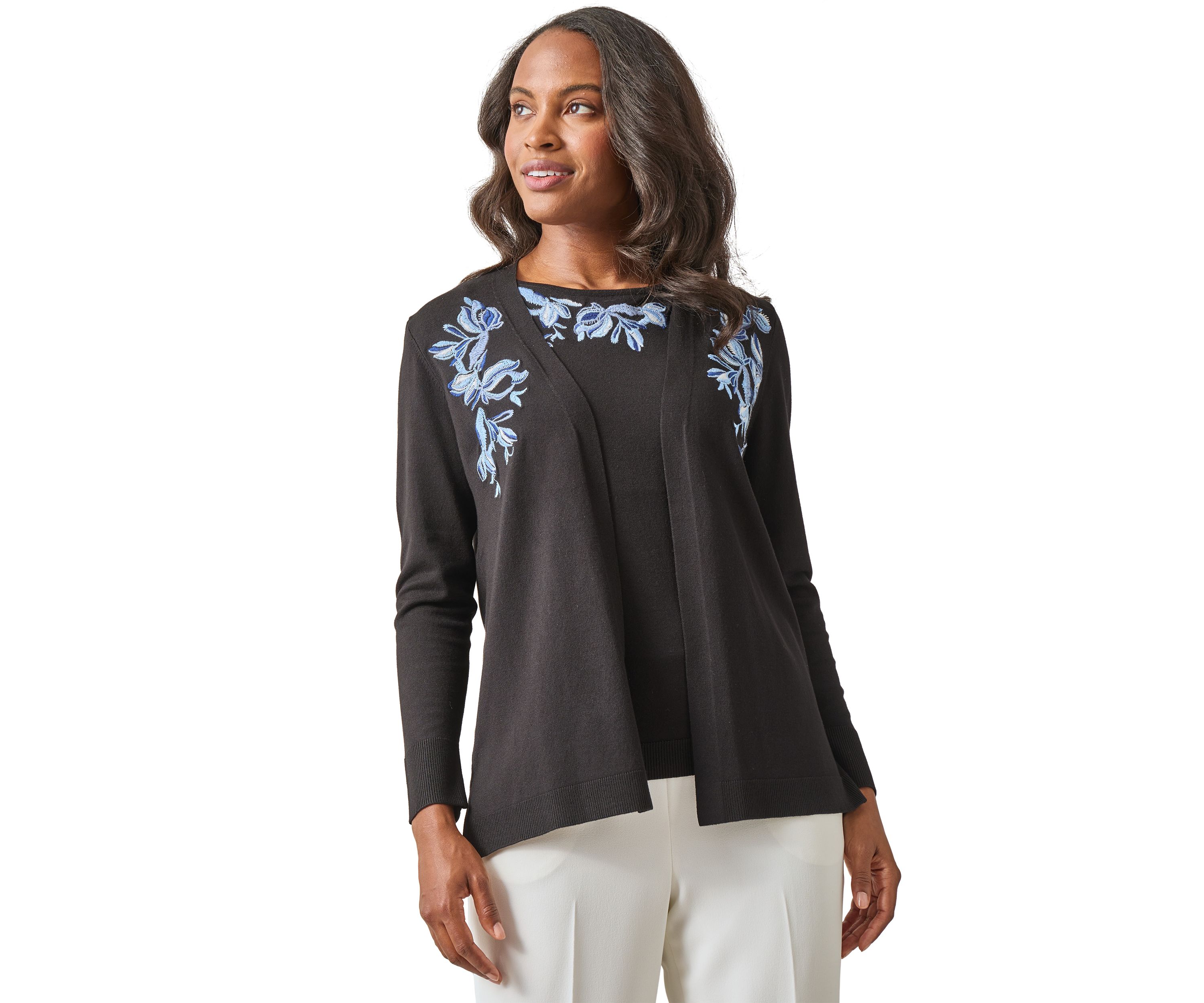 Womens Open Front Embroidered Cardigan