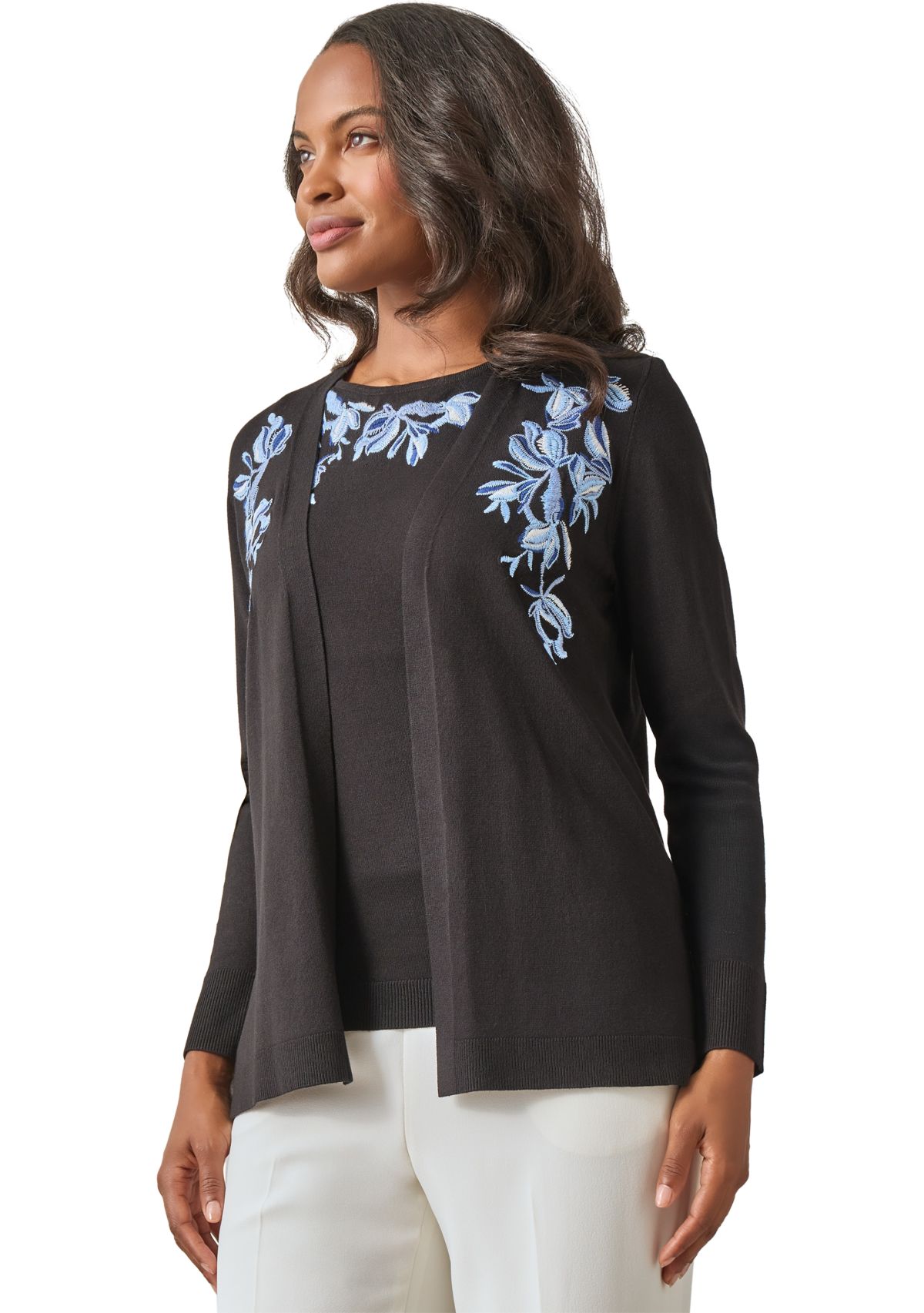 Womens Open Front Embroidered Cardigan