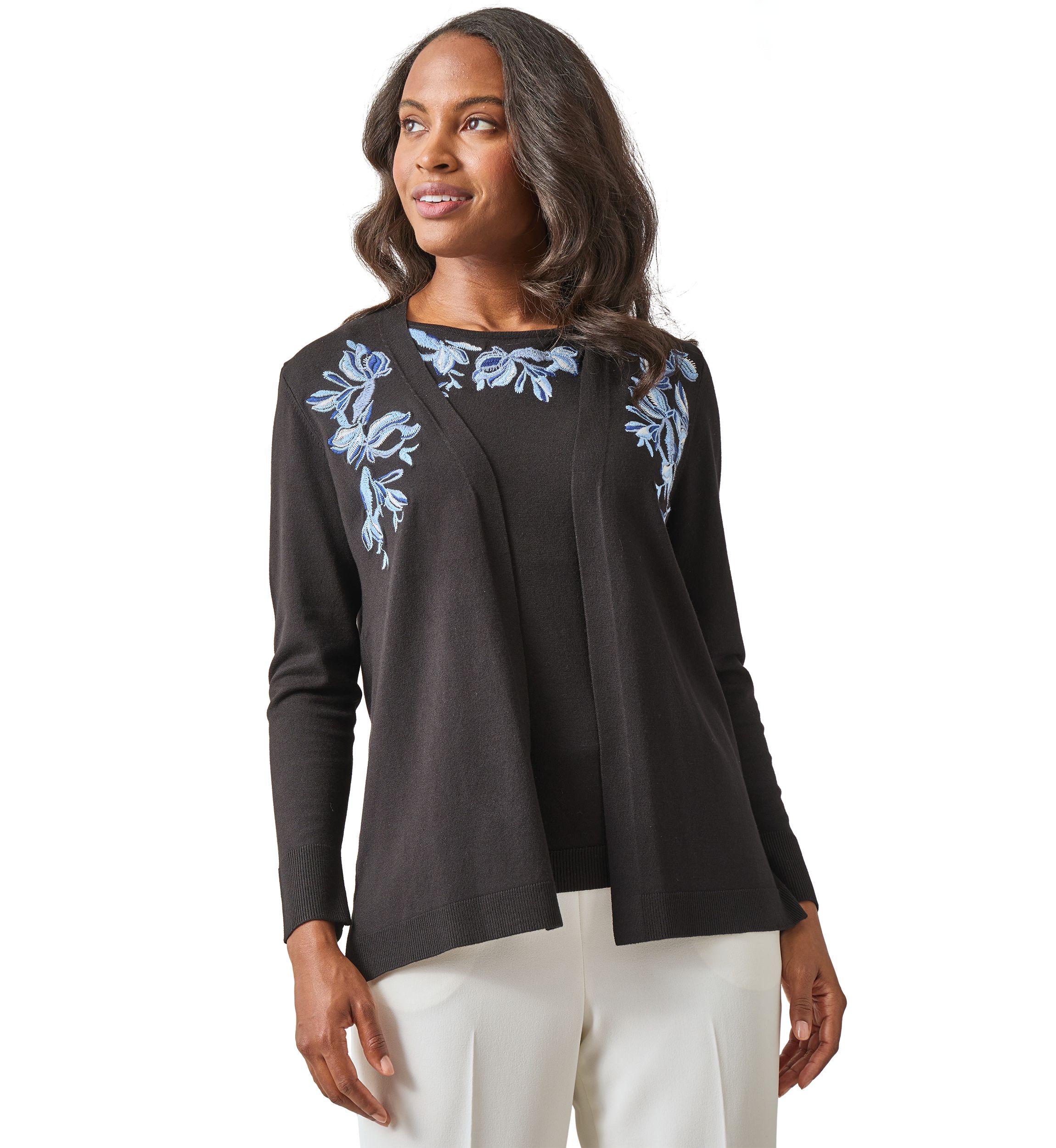 Petite Open Front Embroidered Cardigan