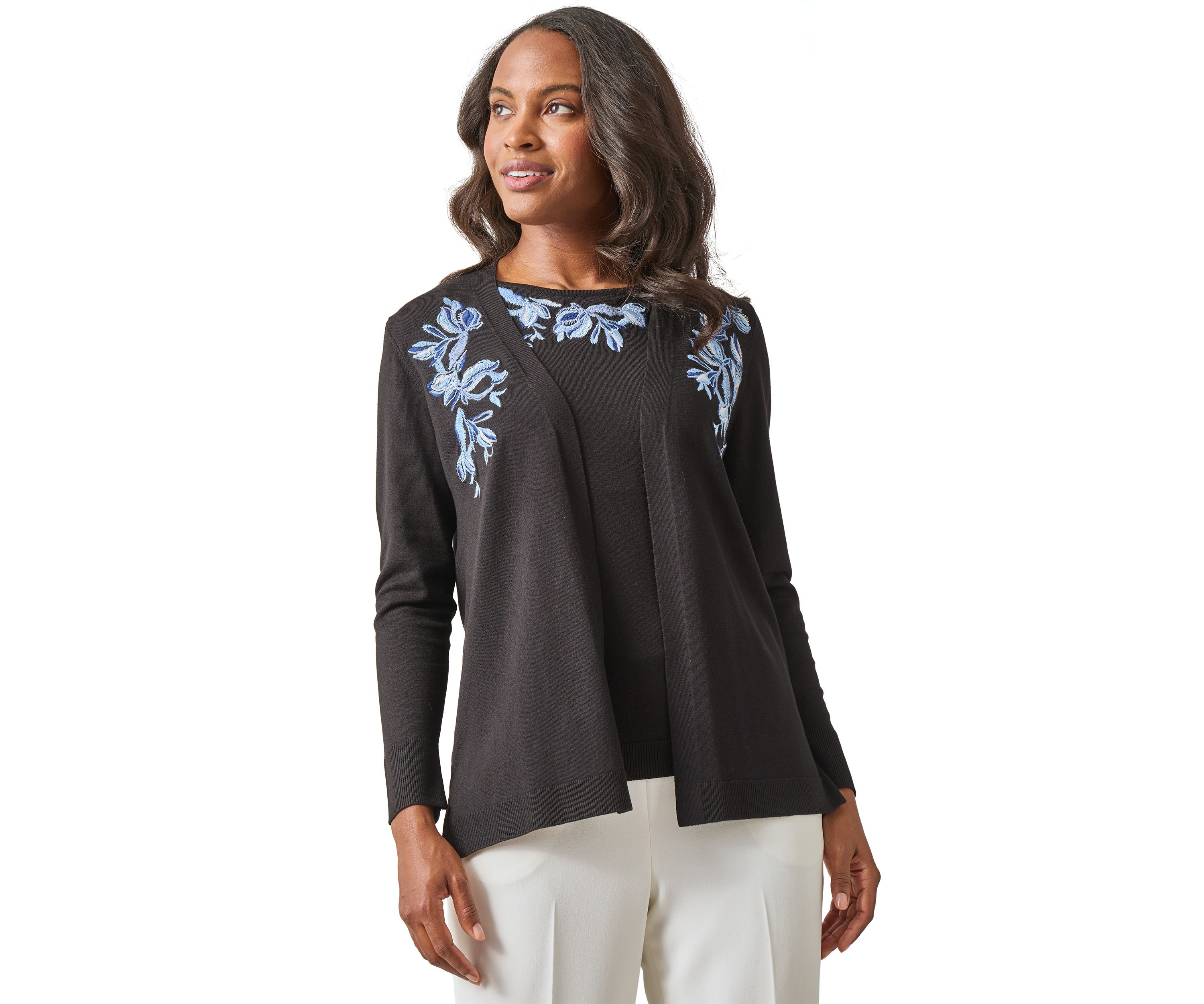 Petite Open Front Embroidered Cardigan
