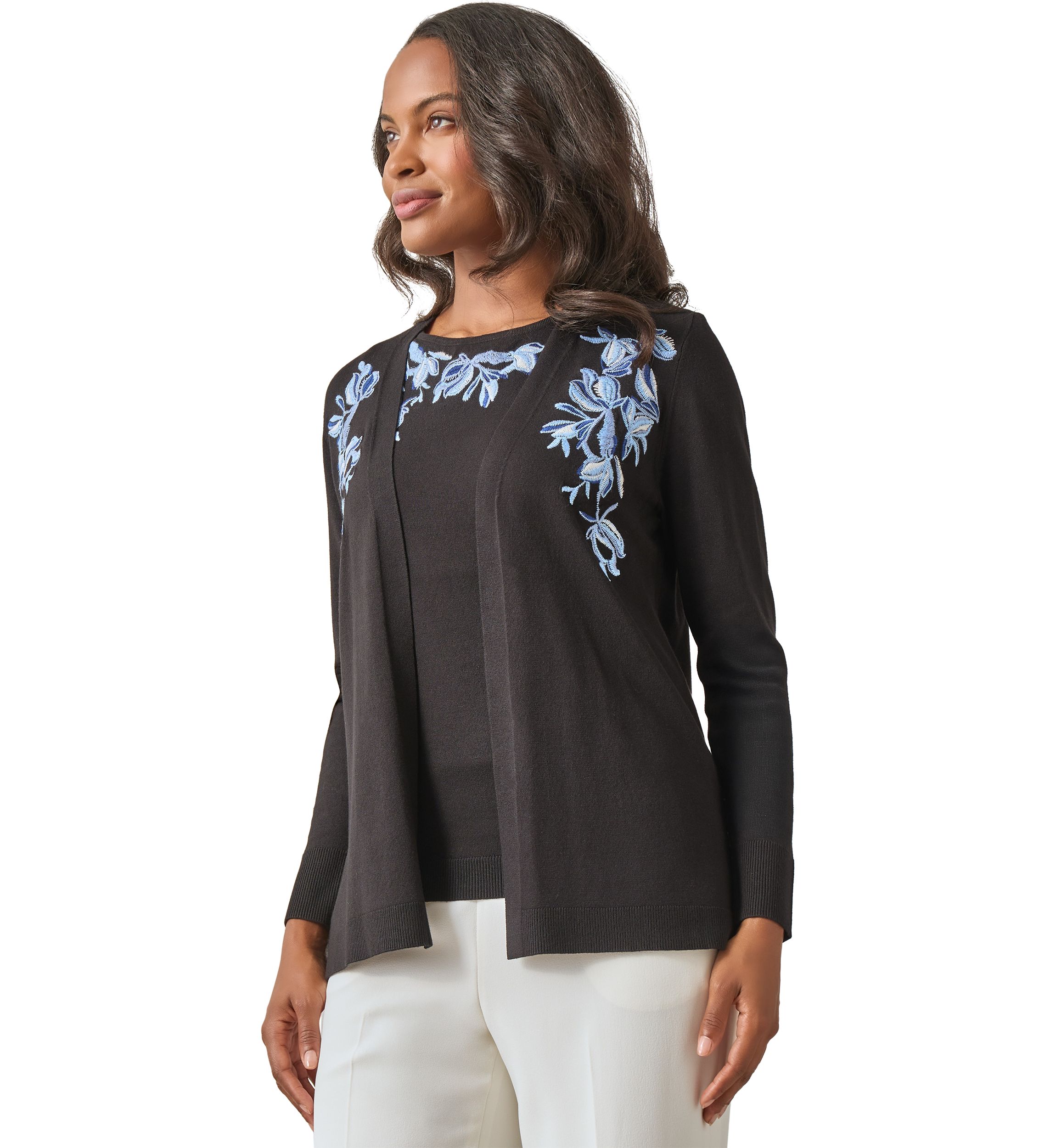 Petite Open Front Embroidered Cardigan