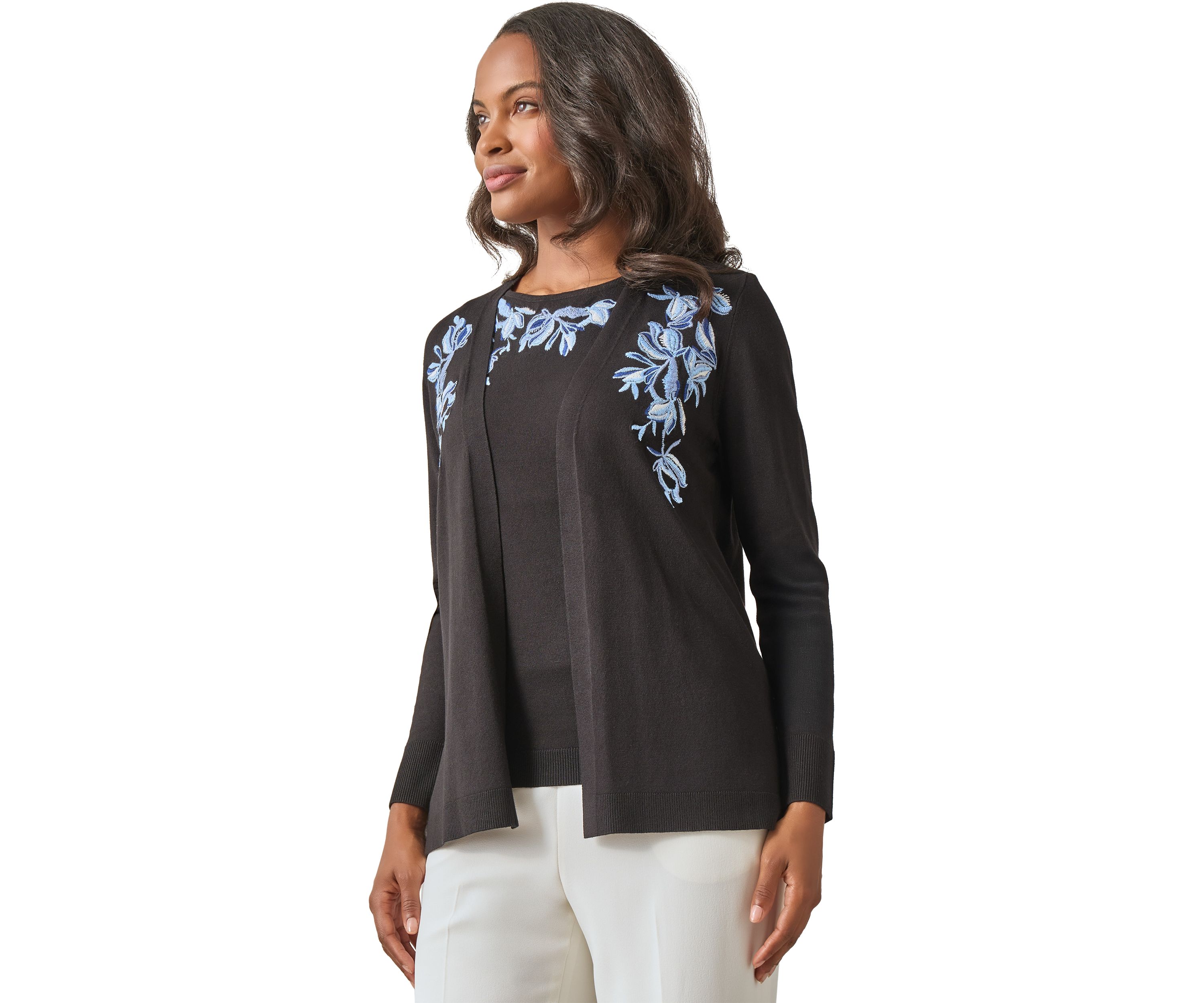 Petite Open Front Embroidered Cardigan